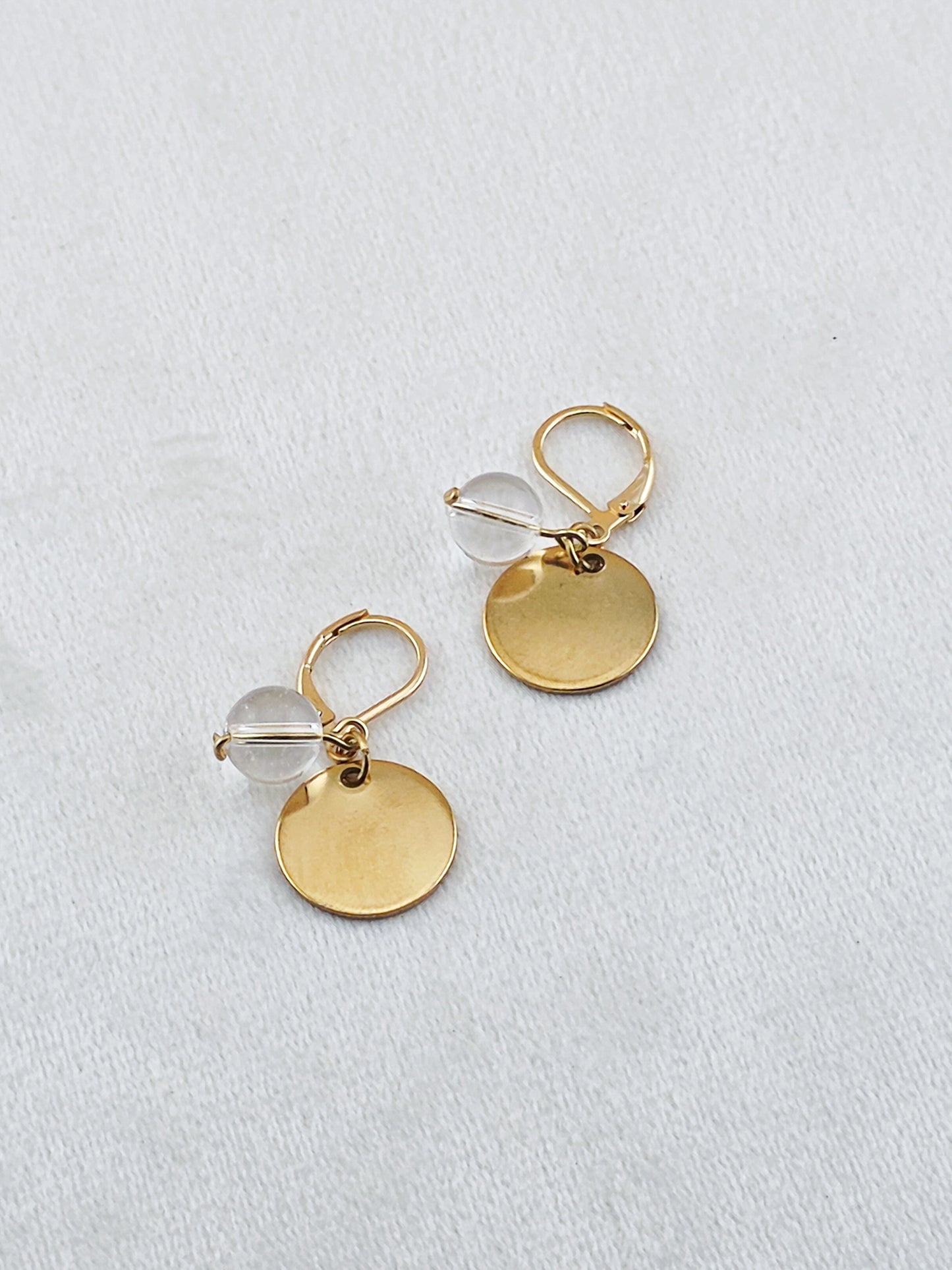 Gold Stainless Steel & Crystal Quartz Disc Earrings