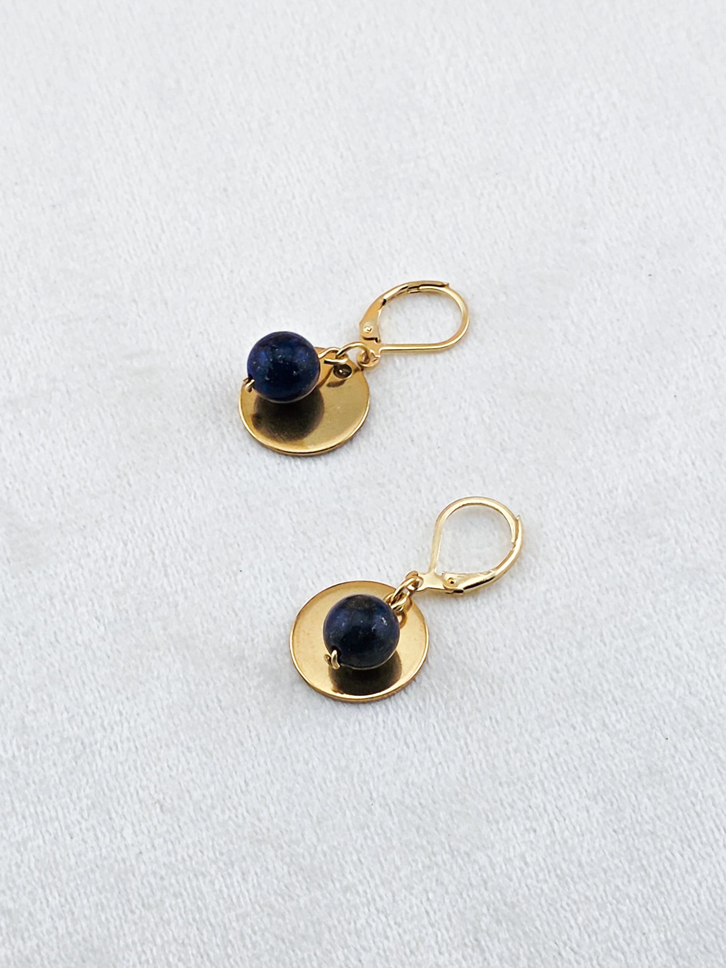 Gold Stainless Steel & Lapis Lazuli Disc Earrings