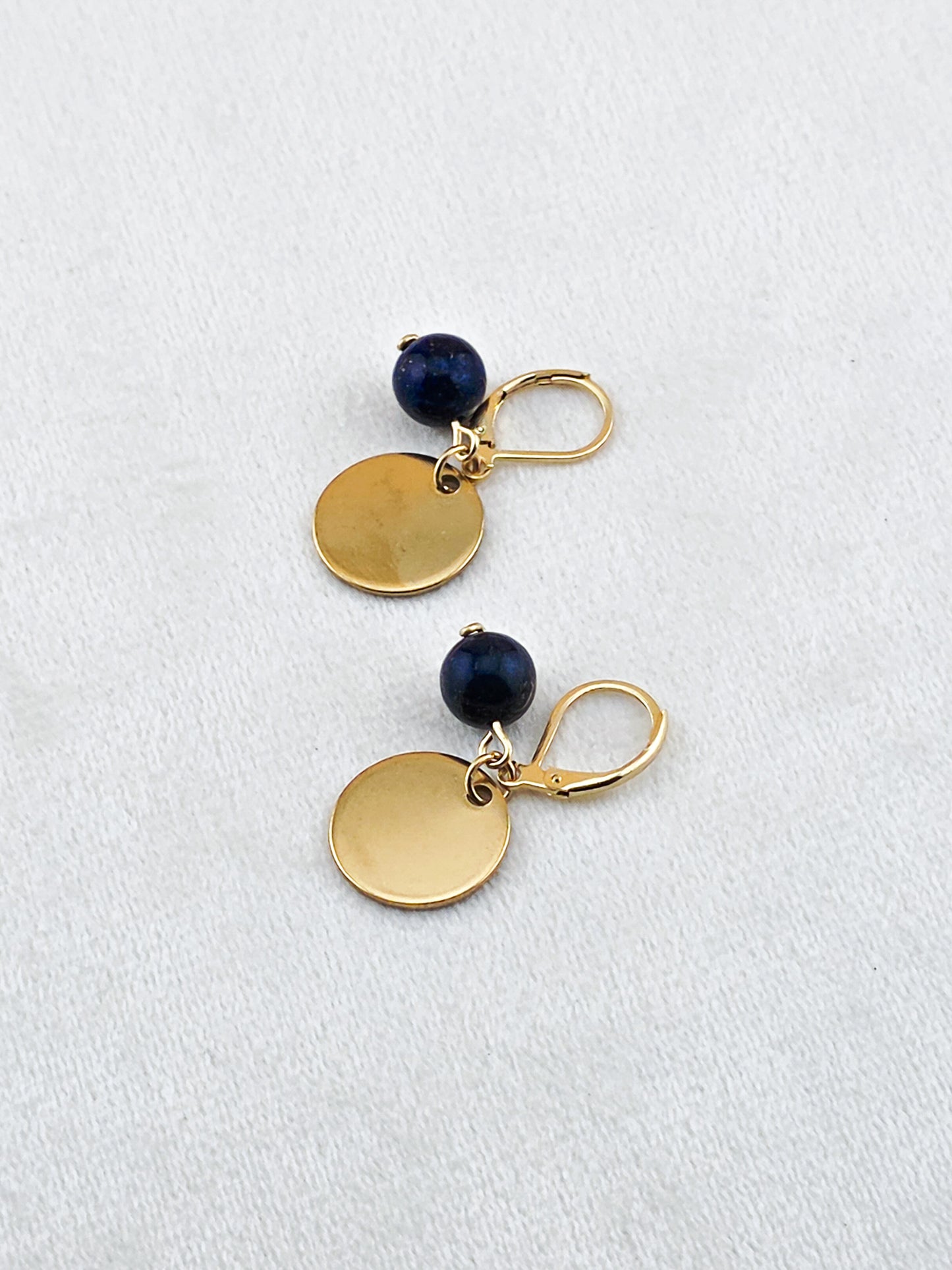 Gold Stainless Steel & Lapis Lazuli Disc Earrings