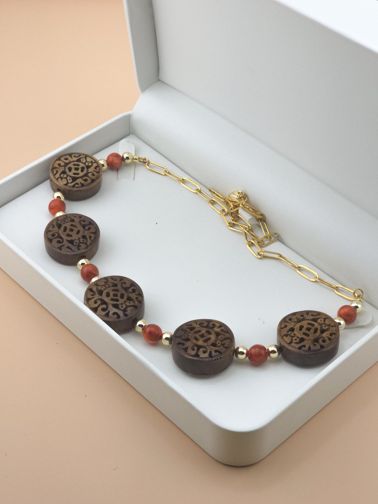 Coral Necklace With Carved Wood Coins
