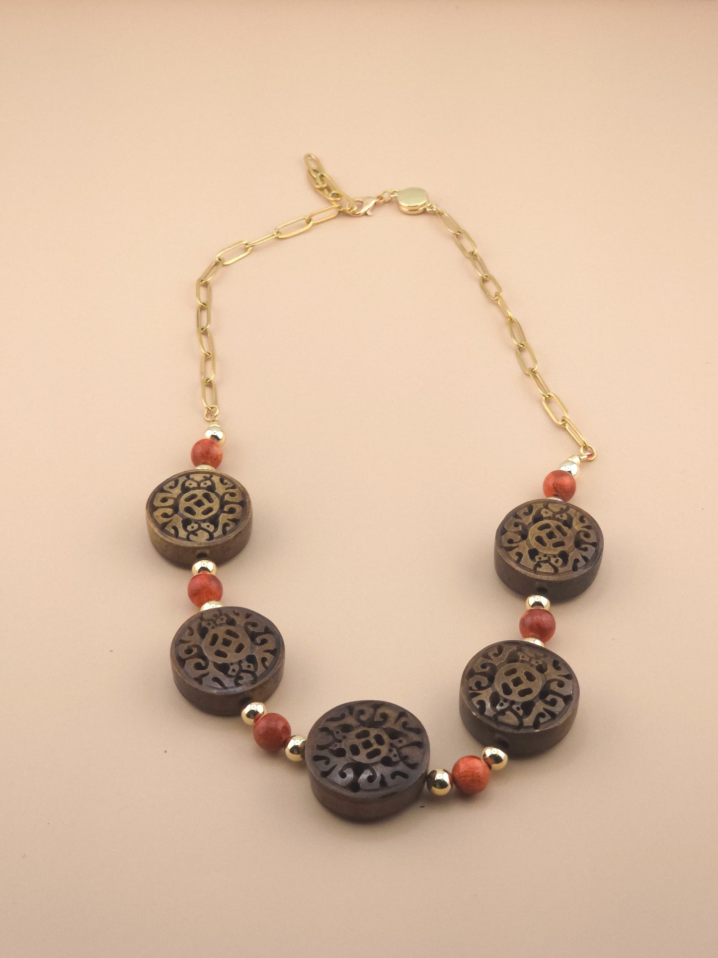 Coral Necklace With Carved Wood Coins