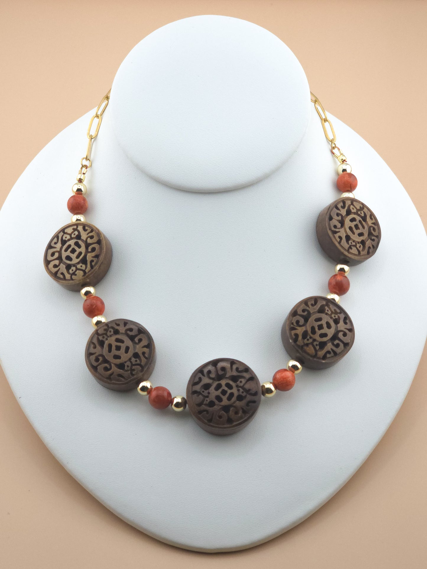 Coral Necklace With Carved Wood Coins