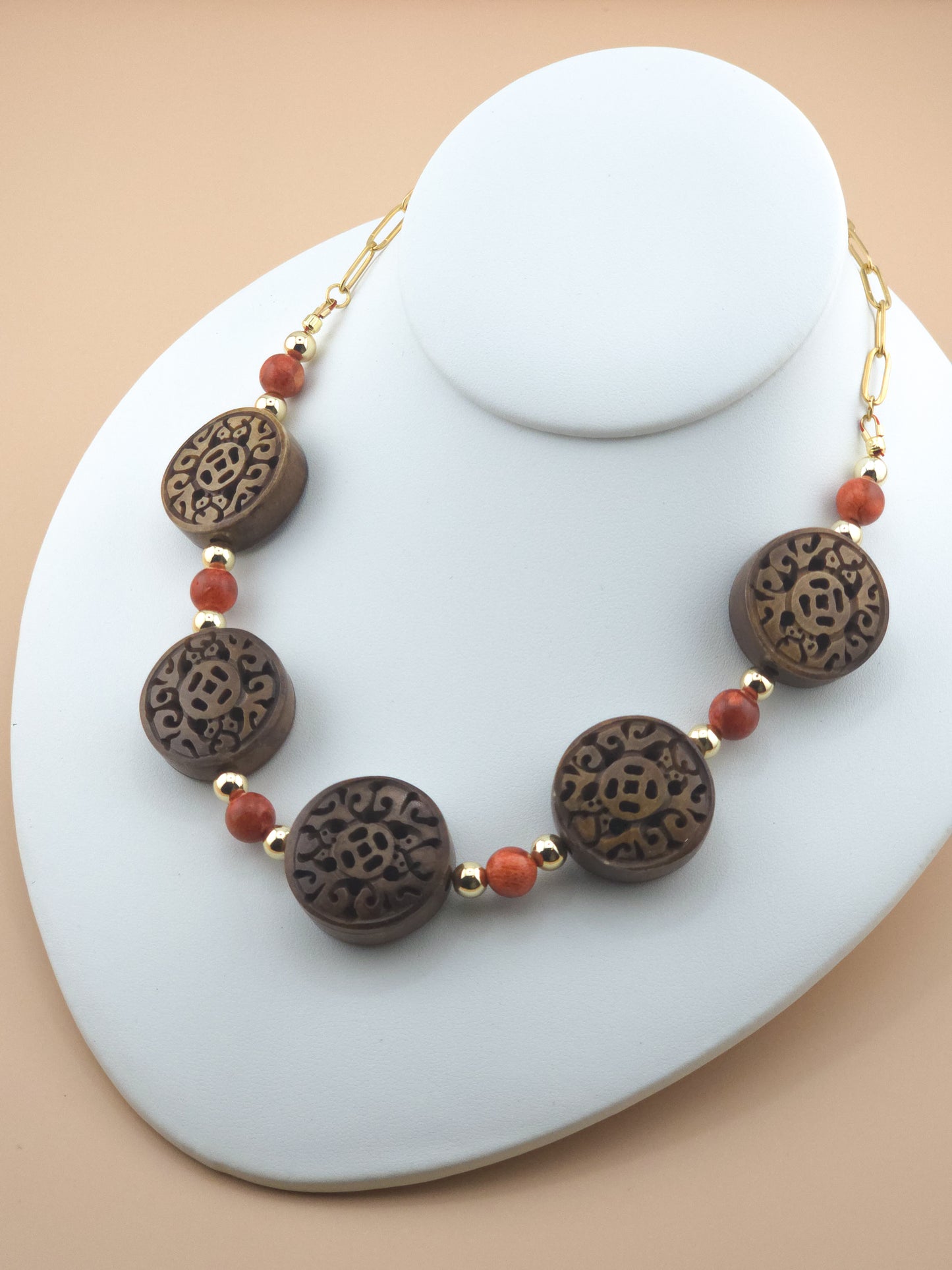 Coral Necklace With Carved Wood Coins