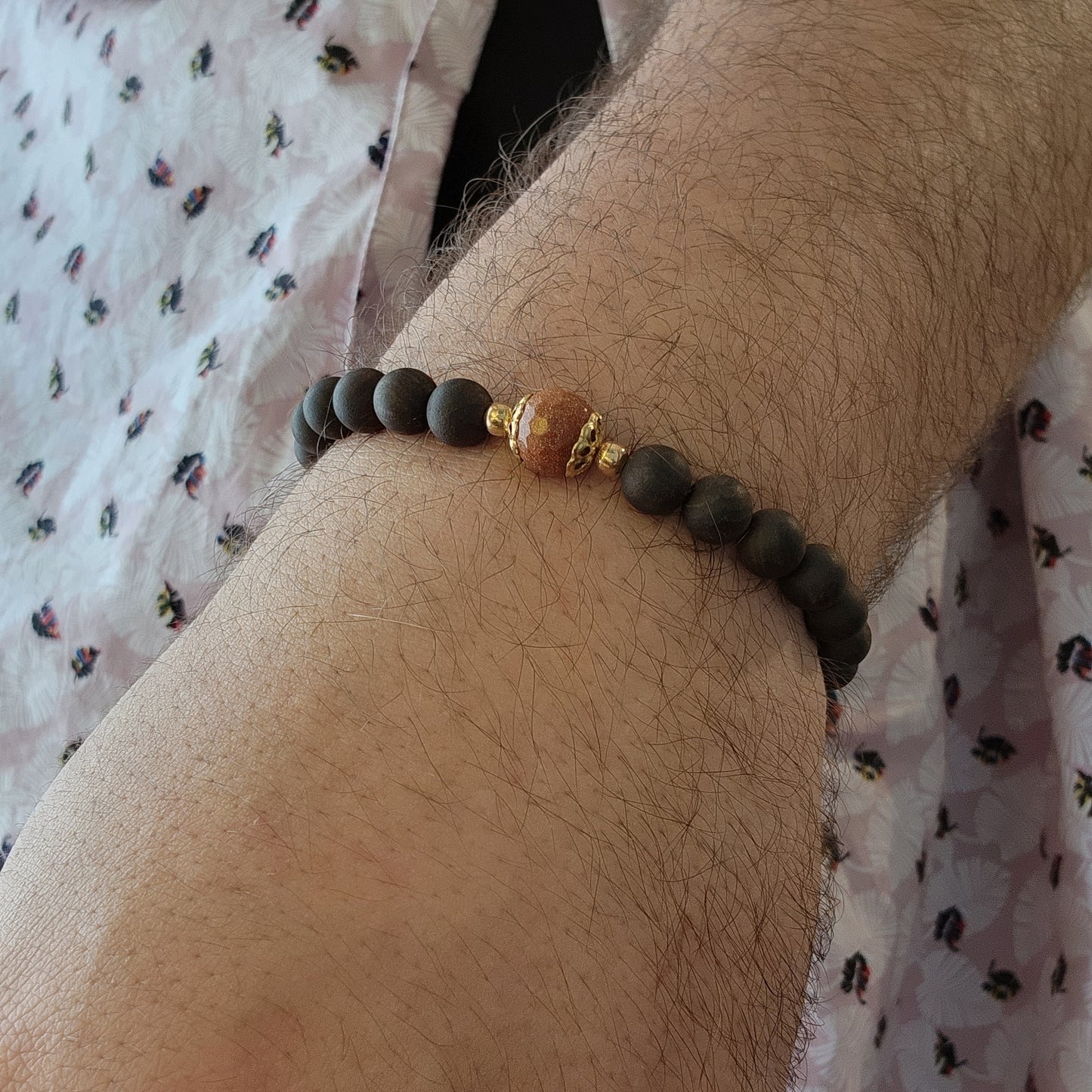 Ebony Wood and Orange Goldstone Bracelet