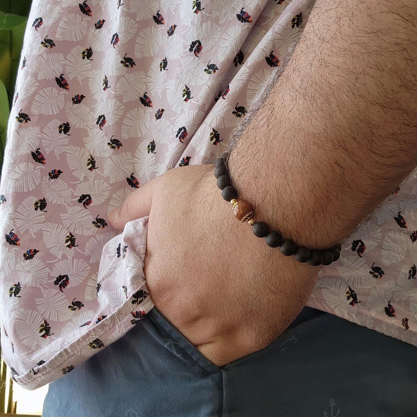 Ebony Wood and Orange Goldstone Bracelet