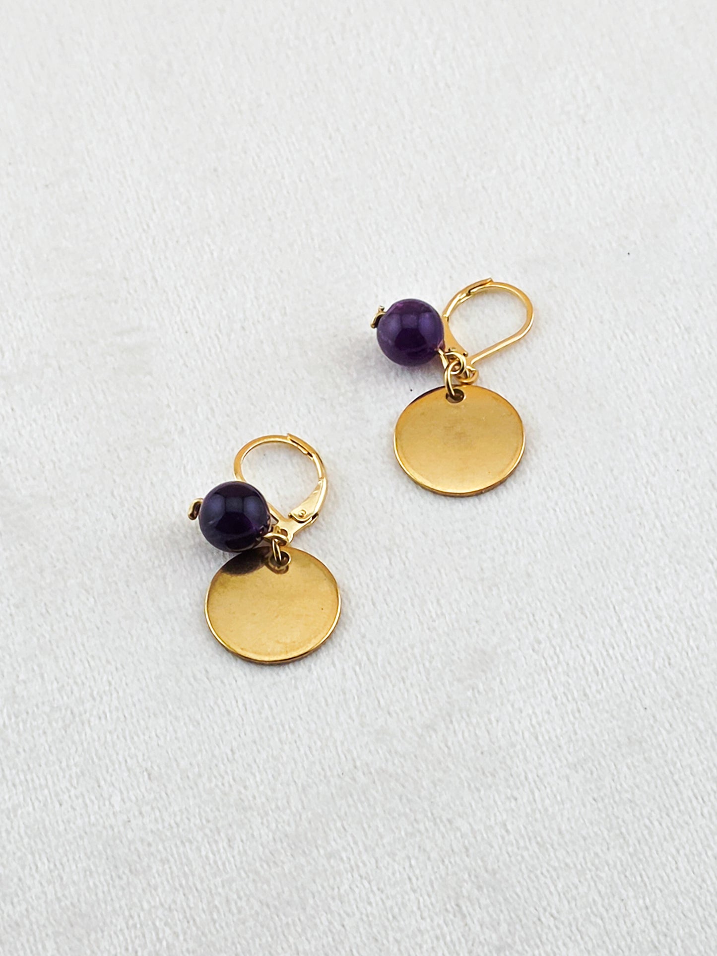 Gold Stainless Steel & Amethyst Disc Earrings