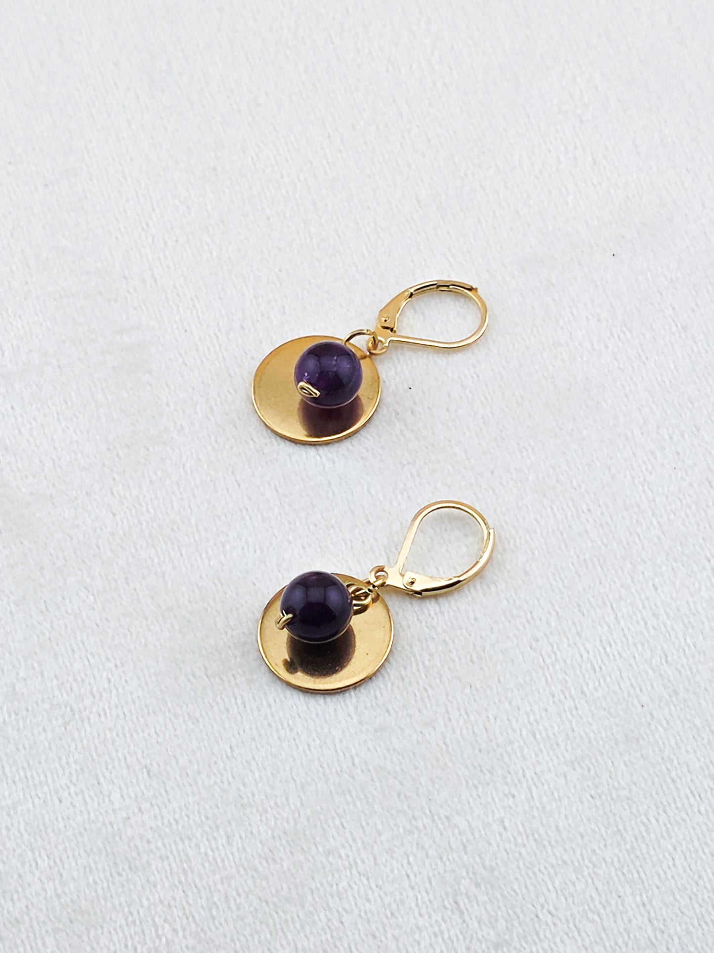 Gold Stainless Steel & Amethyst Disc Earrings