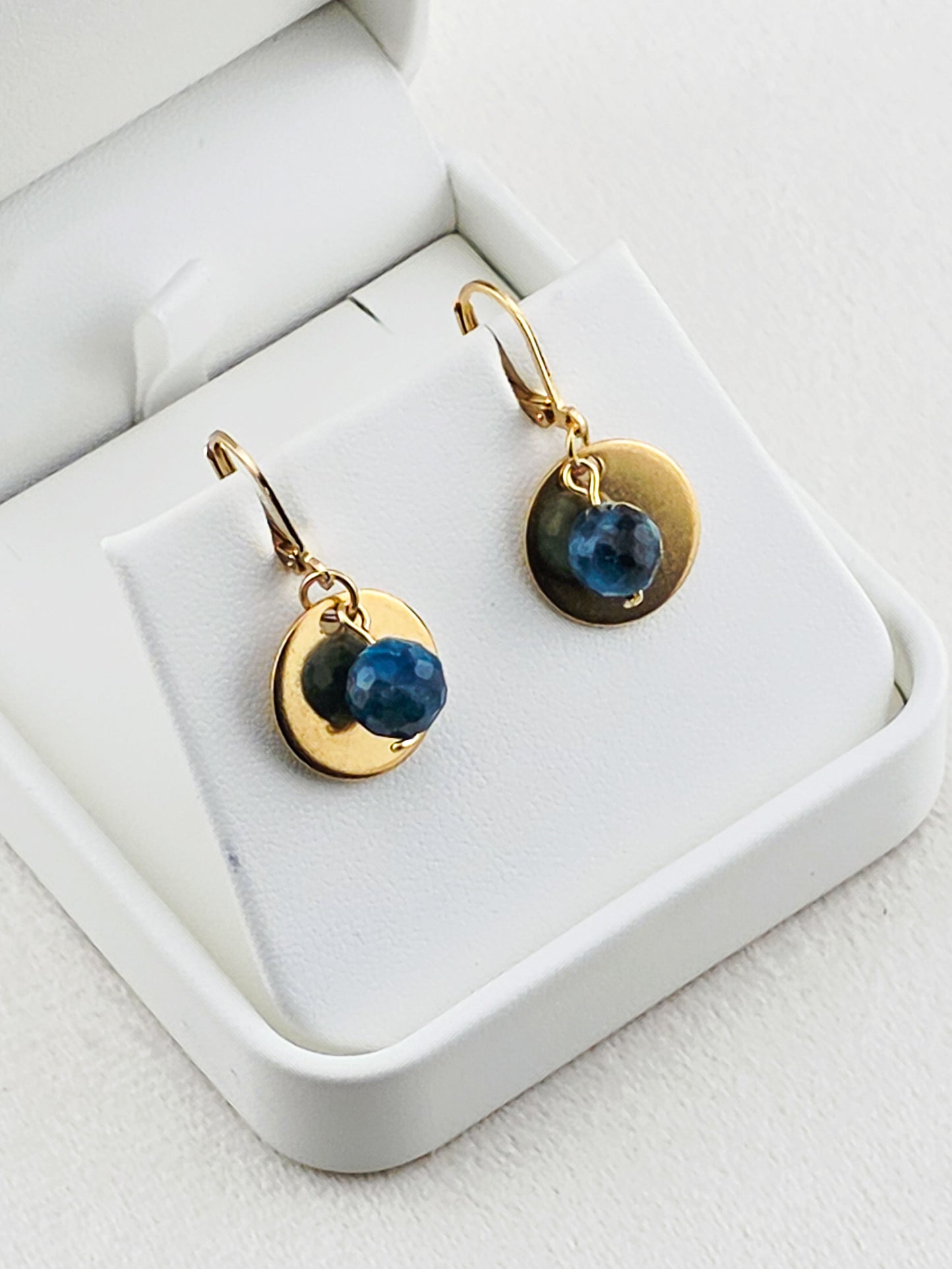 Gold Stainless Steel & Blue Apatite Stone Disc Earrings