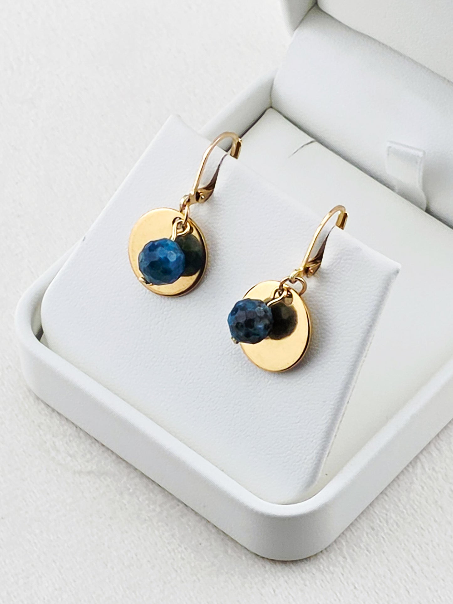 Gold Stainless Steel & Blue Apatite Stone Disc Earrings