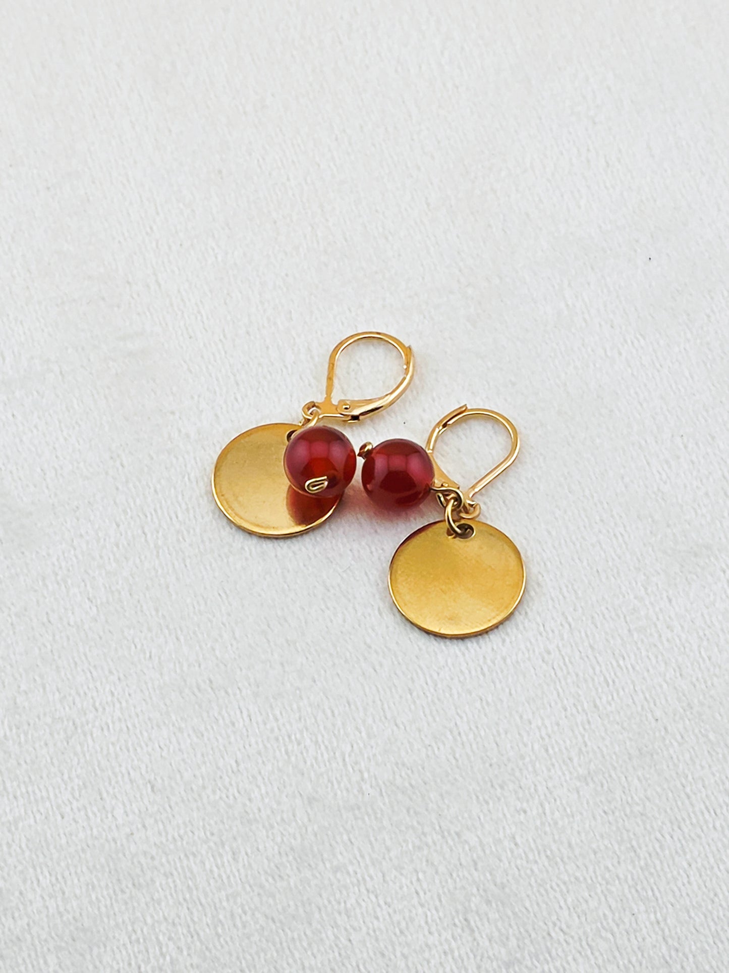 Gold Stainless Steel & Carnelian Disc Earrings