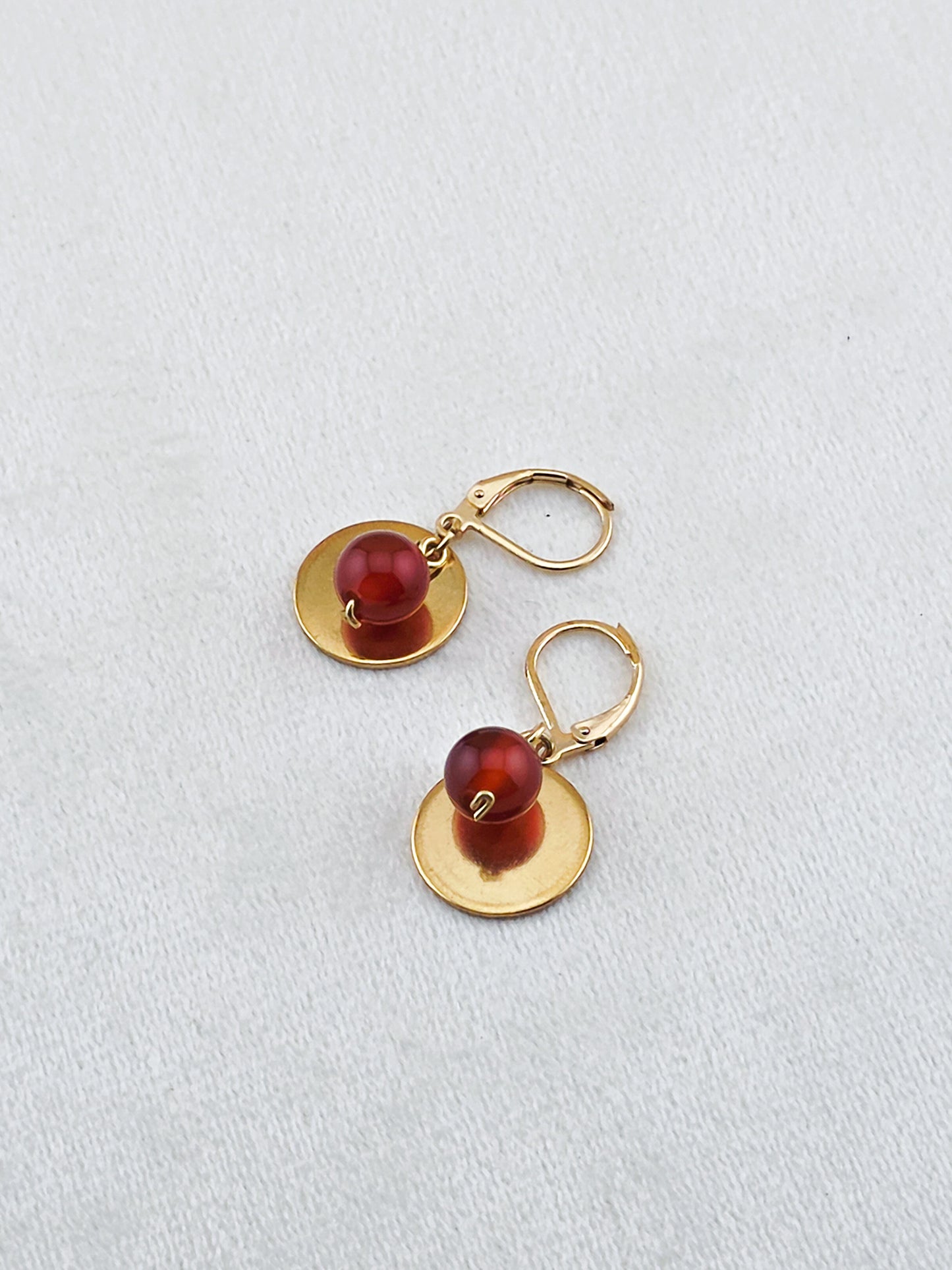 Gold Stainless Steel & Carnelian Disc Earrings