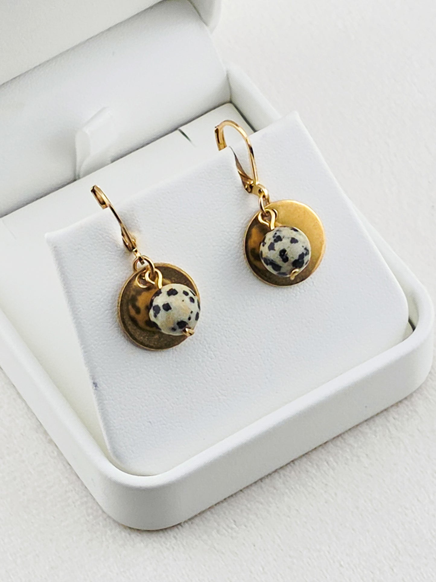 Gold Stainless Steel & Dalmatian Jasper Disc Earrings
