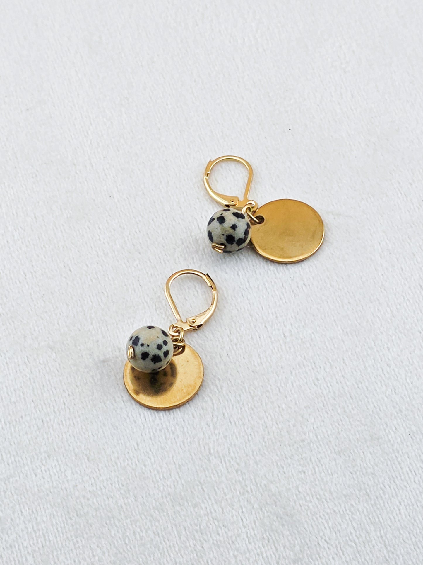 Gold Stainless Steel & Dalmatian Jasper Disc Earrings