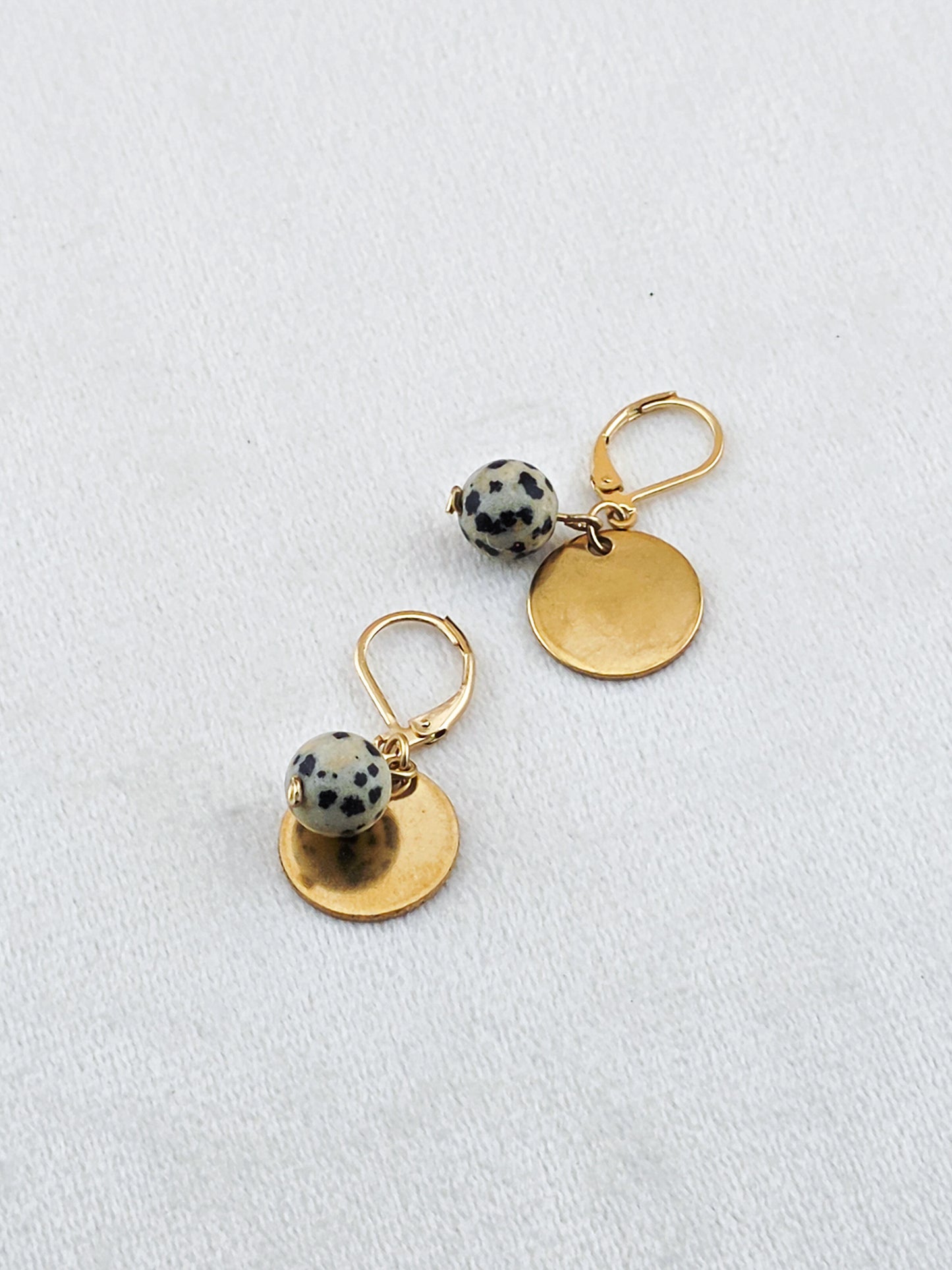 Gold Stainless Steel & Dalmatian Jasper Disc Earrings