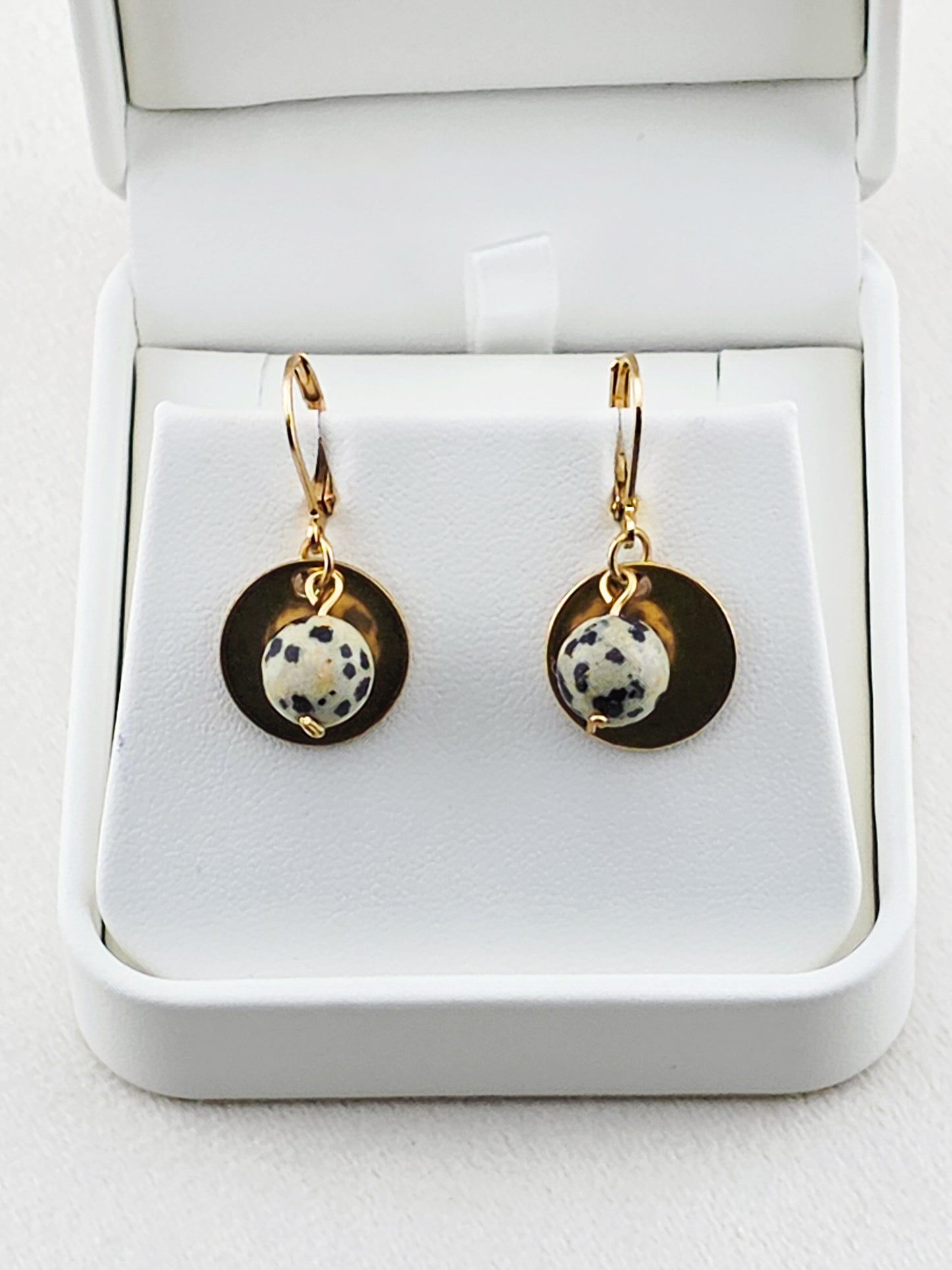 Gold Stainless Steel & Dalmatian Jasper Disc Earrings