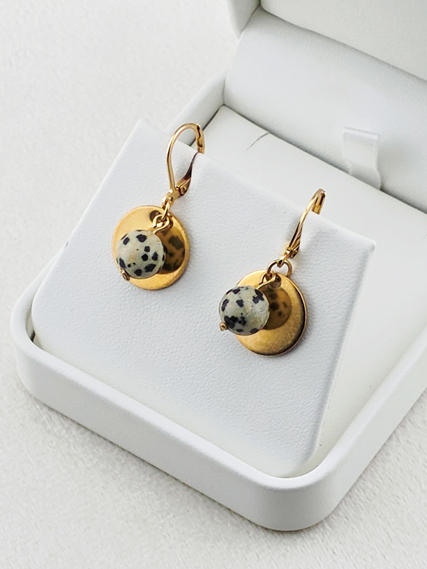 Gold Stainless Steel & Dalmatian Jasper Disc Earrings