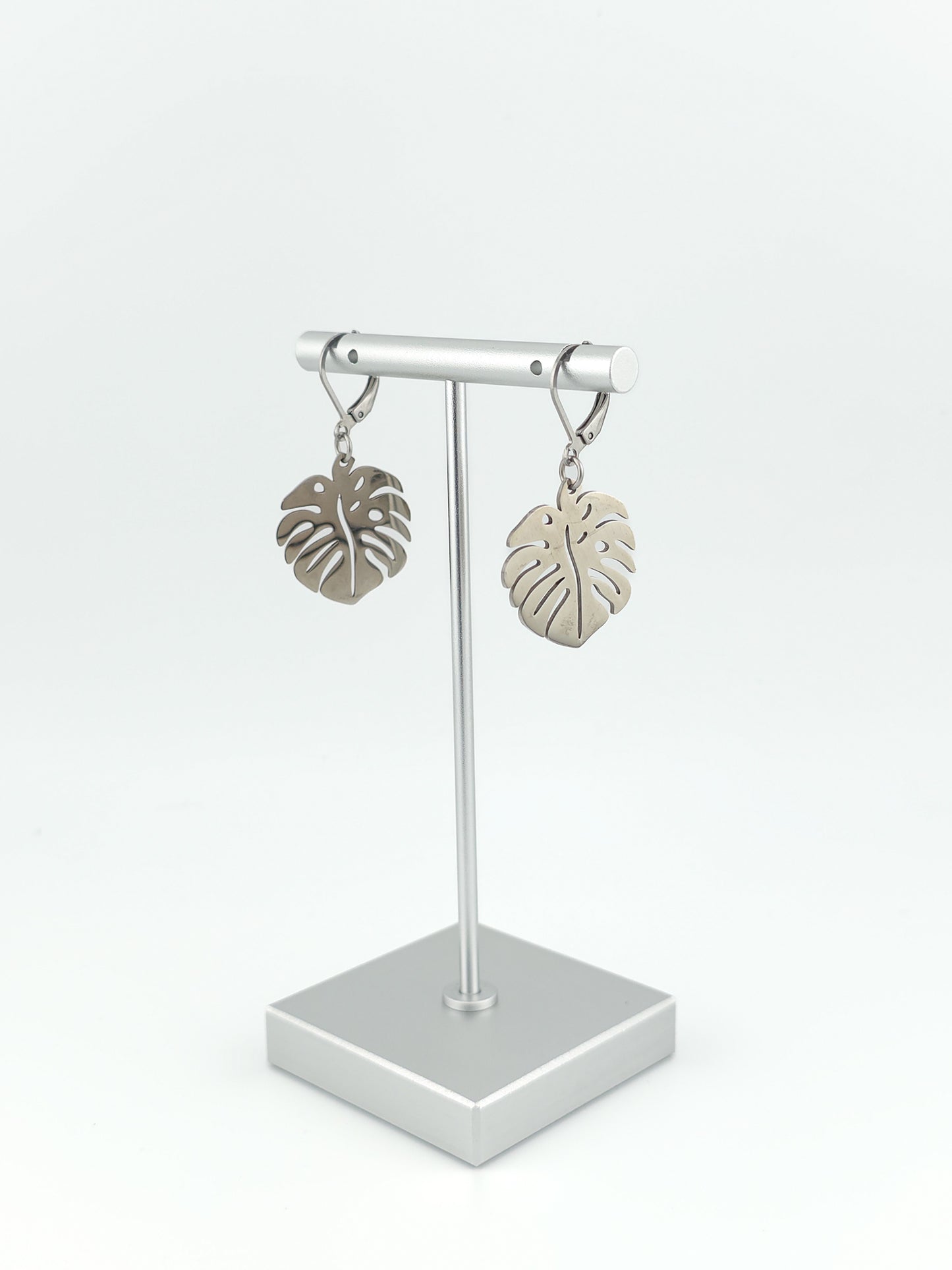 Silver Steel Monstera Earrings
