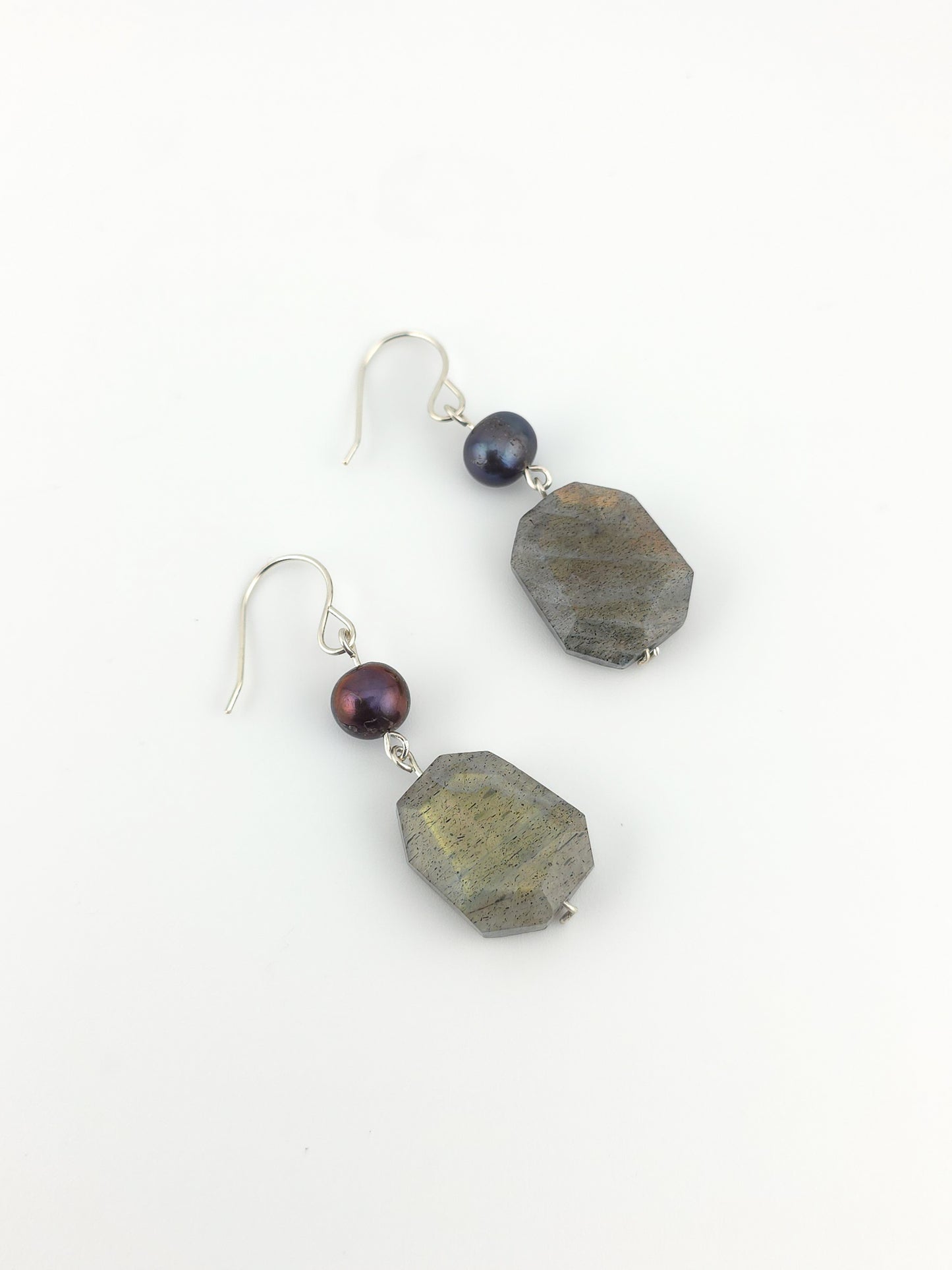 Labradorite & Peacock Pearl Argentium Silver Earrings