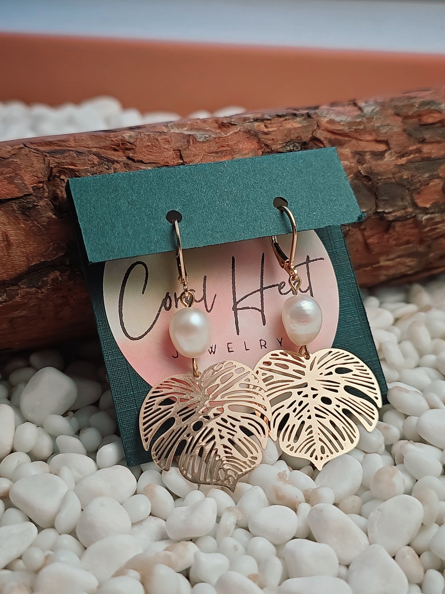 Gold Monstera & Pearl Earrings