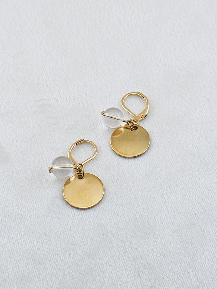 Gold Stainless Steel & Crystal Quartz Disc Earrings