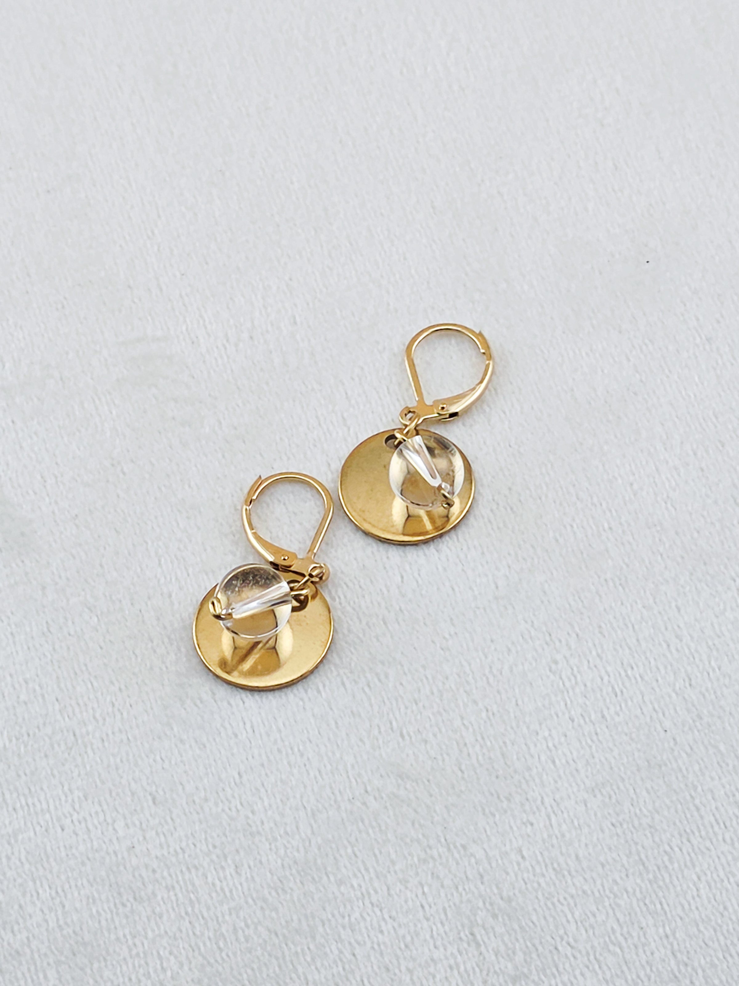 Gold Stainless Steel & Crystal Quartz Disc Earrings