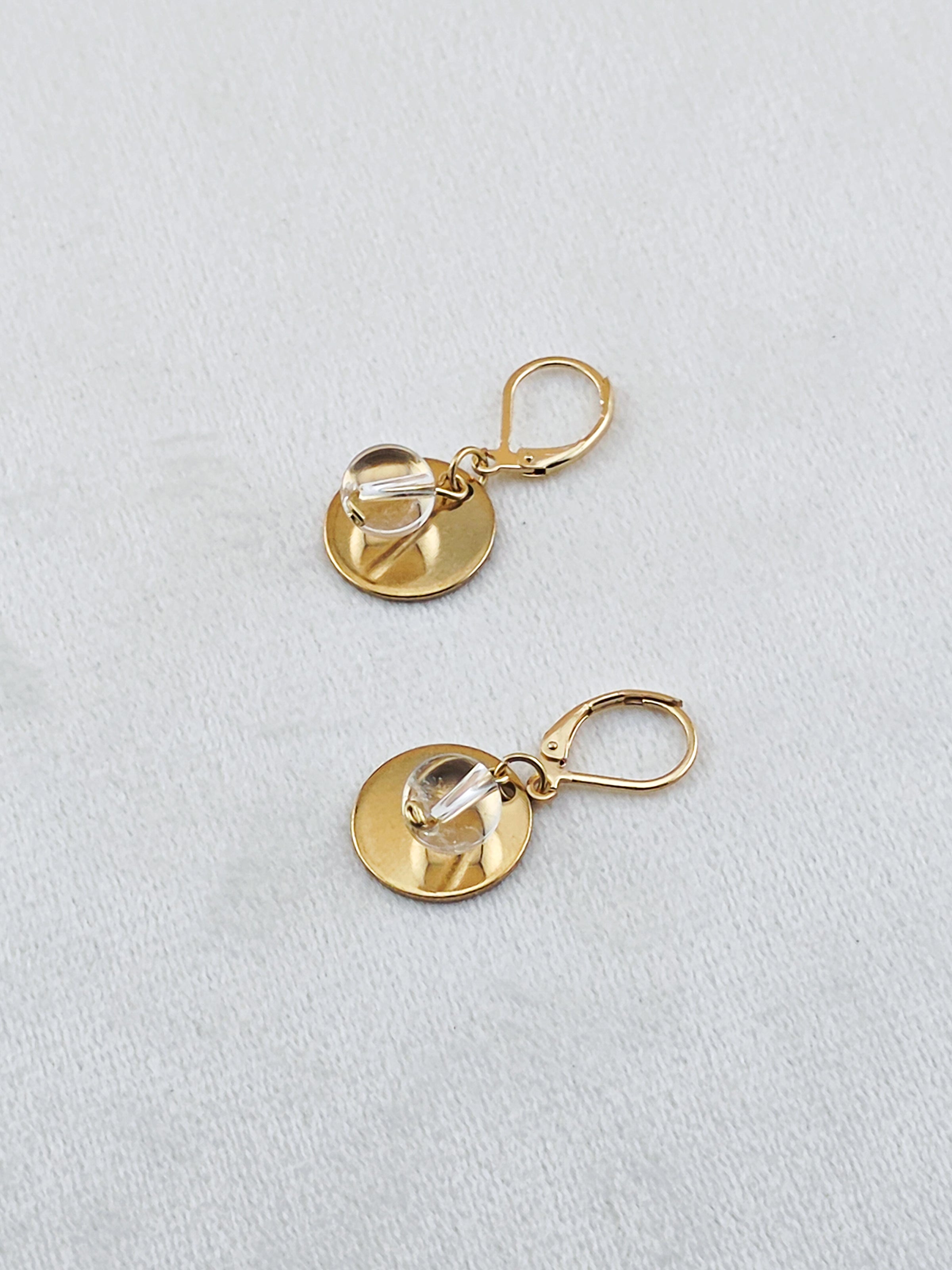 Gold Stainless Steel & Crystal Quartz Disc Earrings