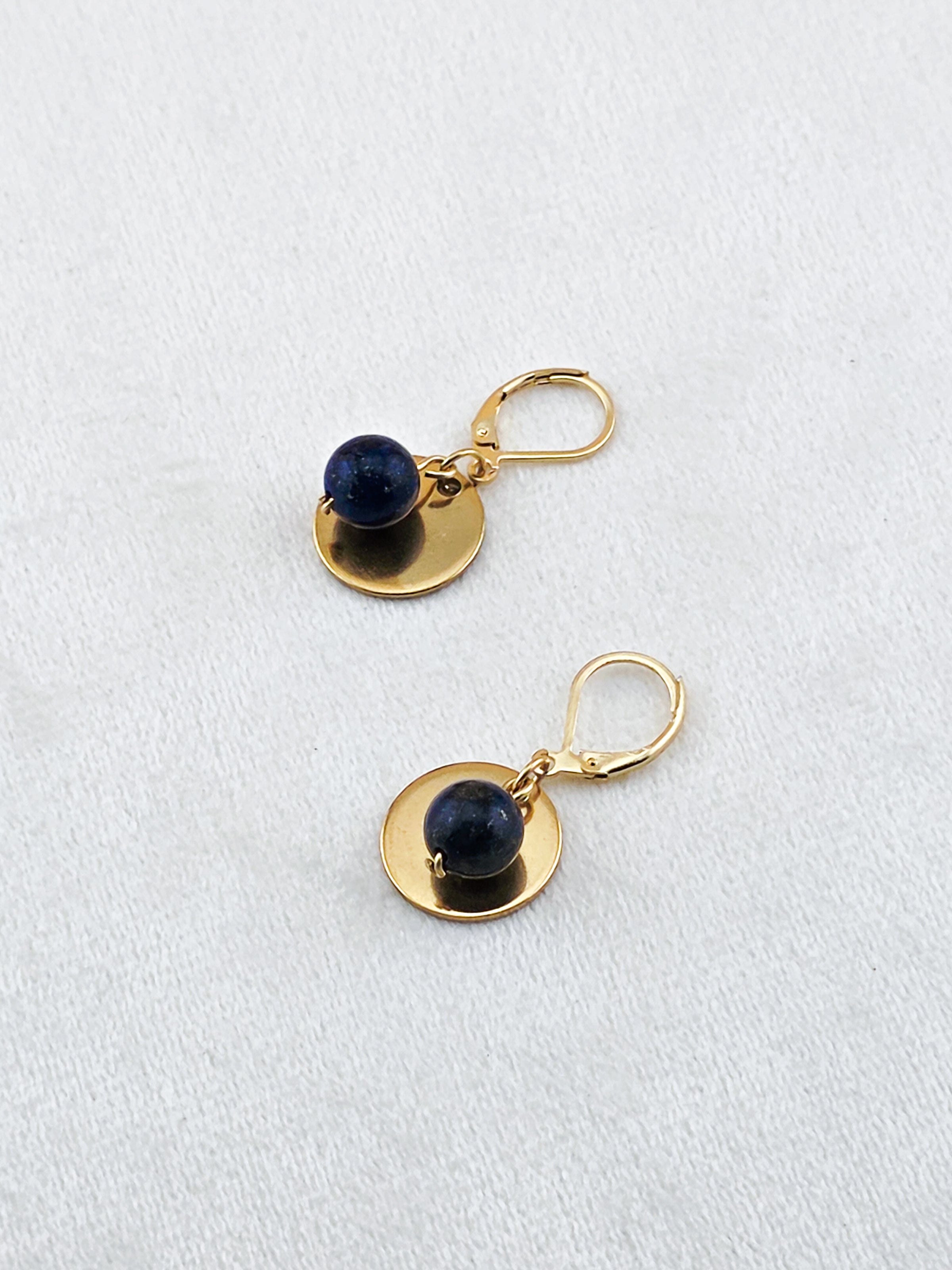 Gold Stainless Steel & Lapis Lazuli Disc Earrings