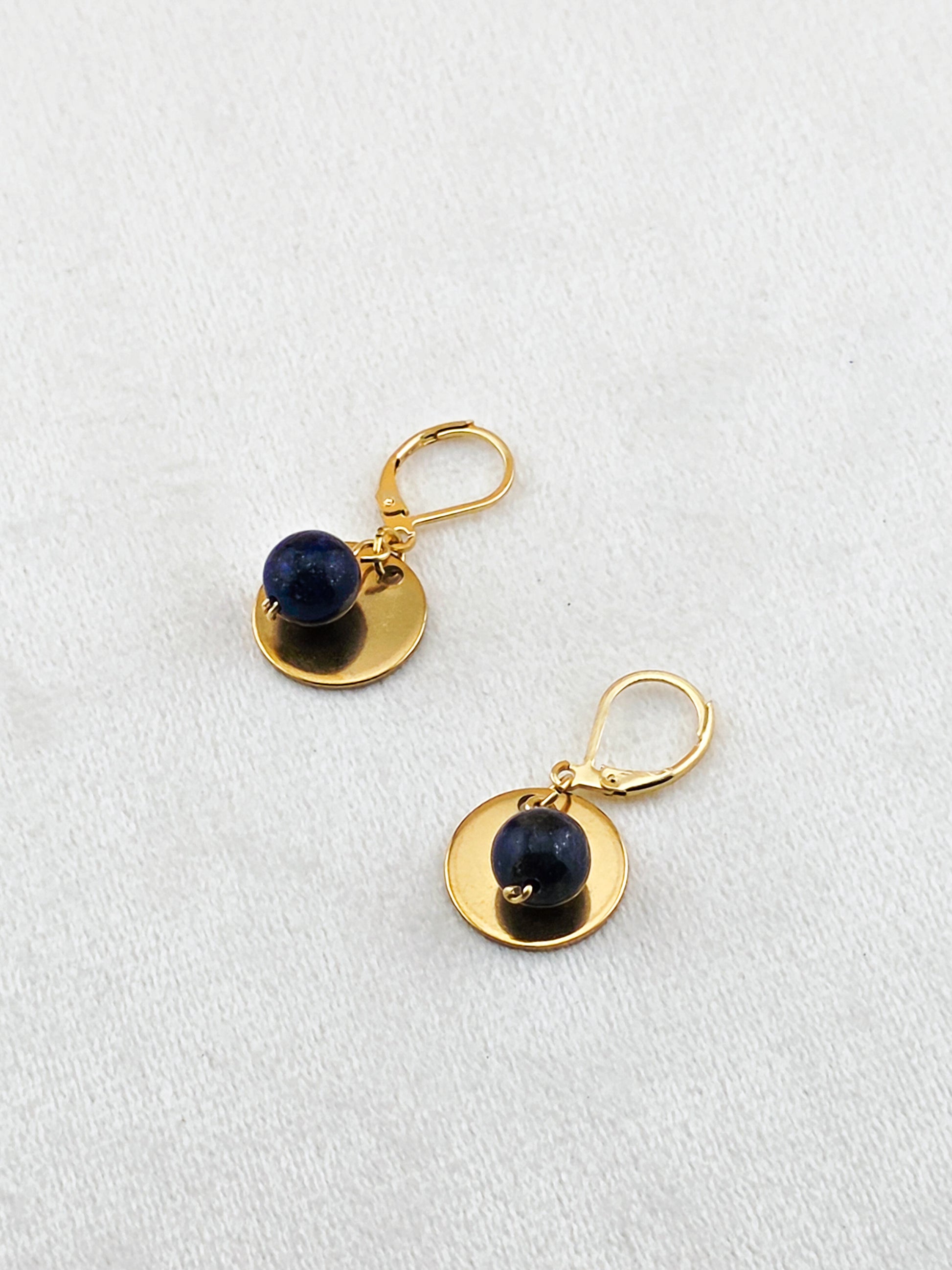 Gold Stainless Steel & Lapis Lazuli Disc Earrings