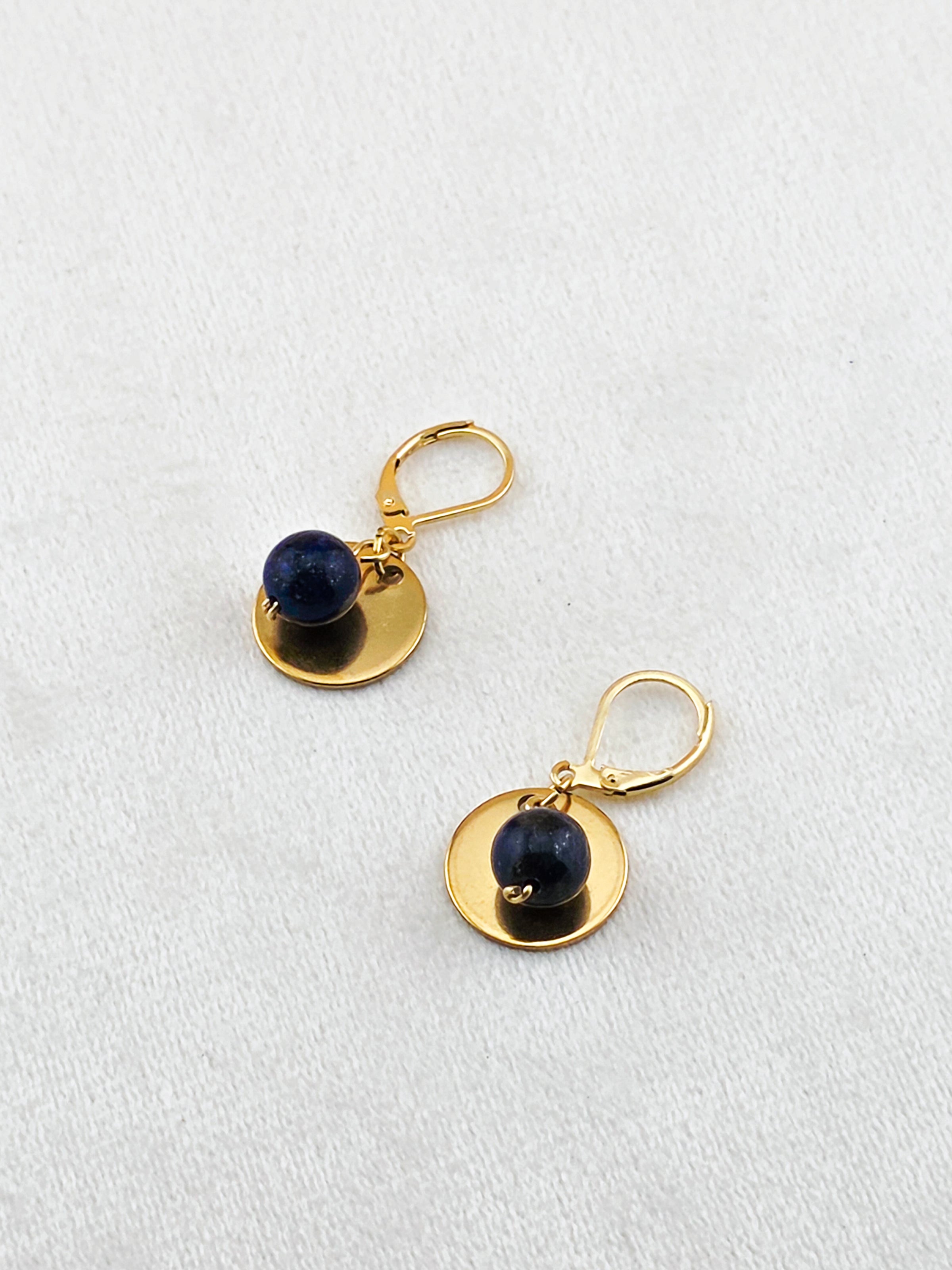 Gold Stainless Steel & Lapis Lazuli Disc Earrings