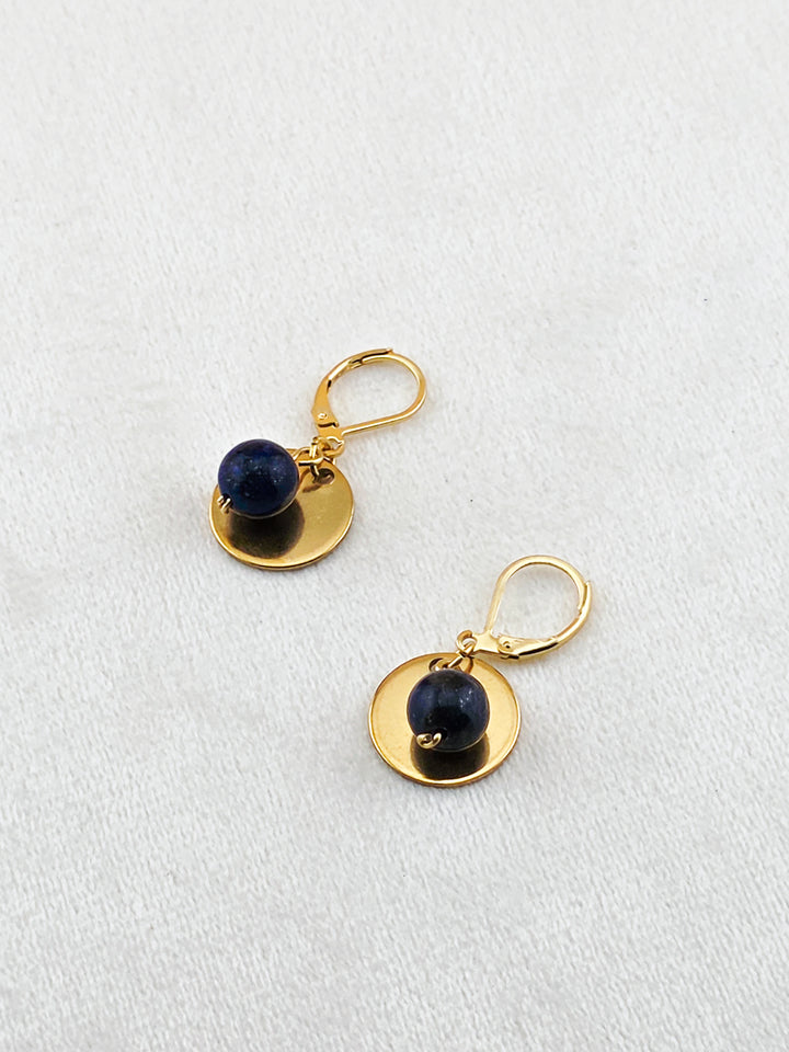 Gold Stainless Steel & Lapis Lazuli Disc Earrings