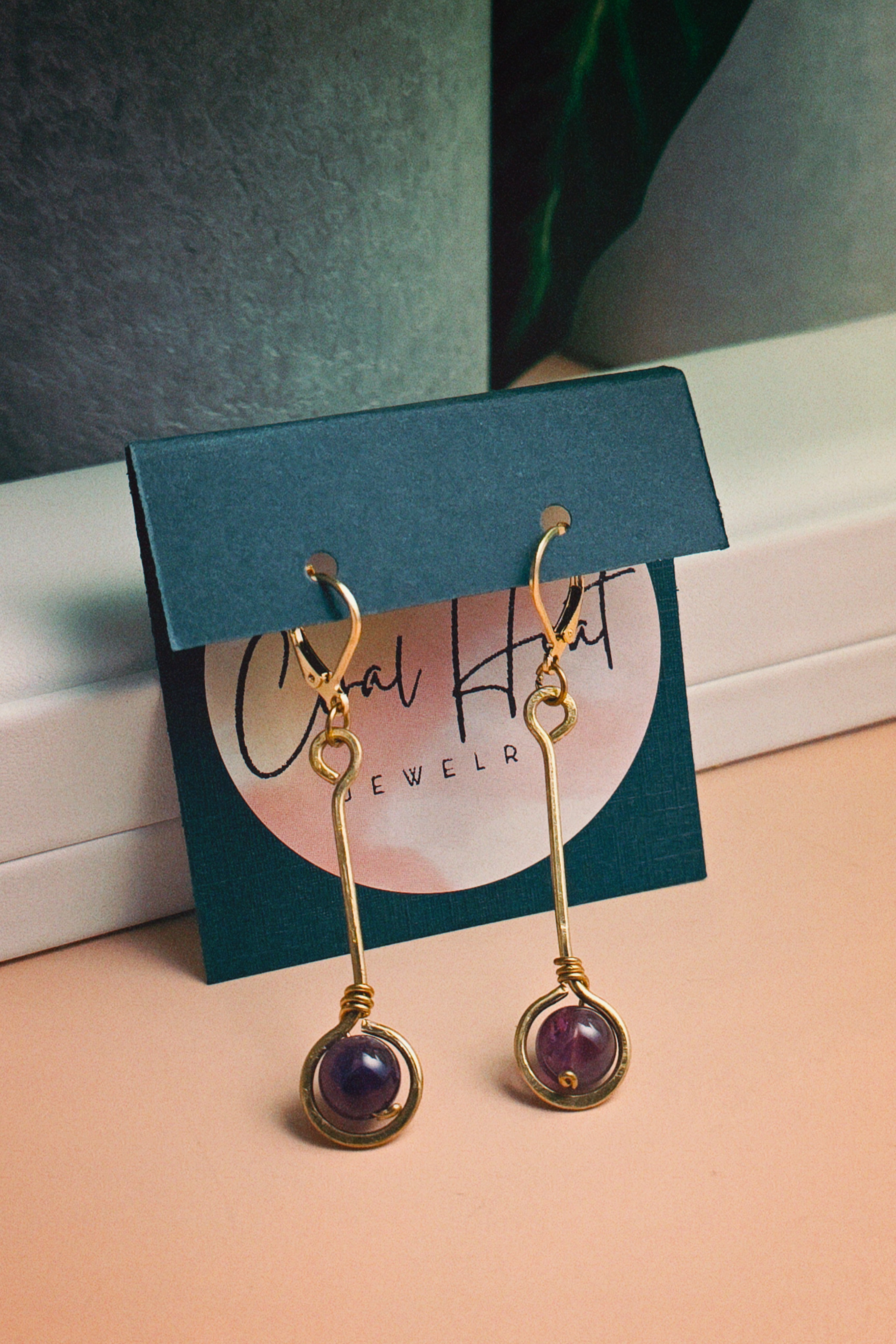 Brass Amethyst Stem Earrings