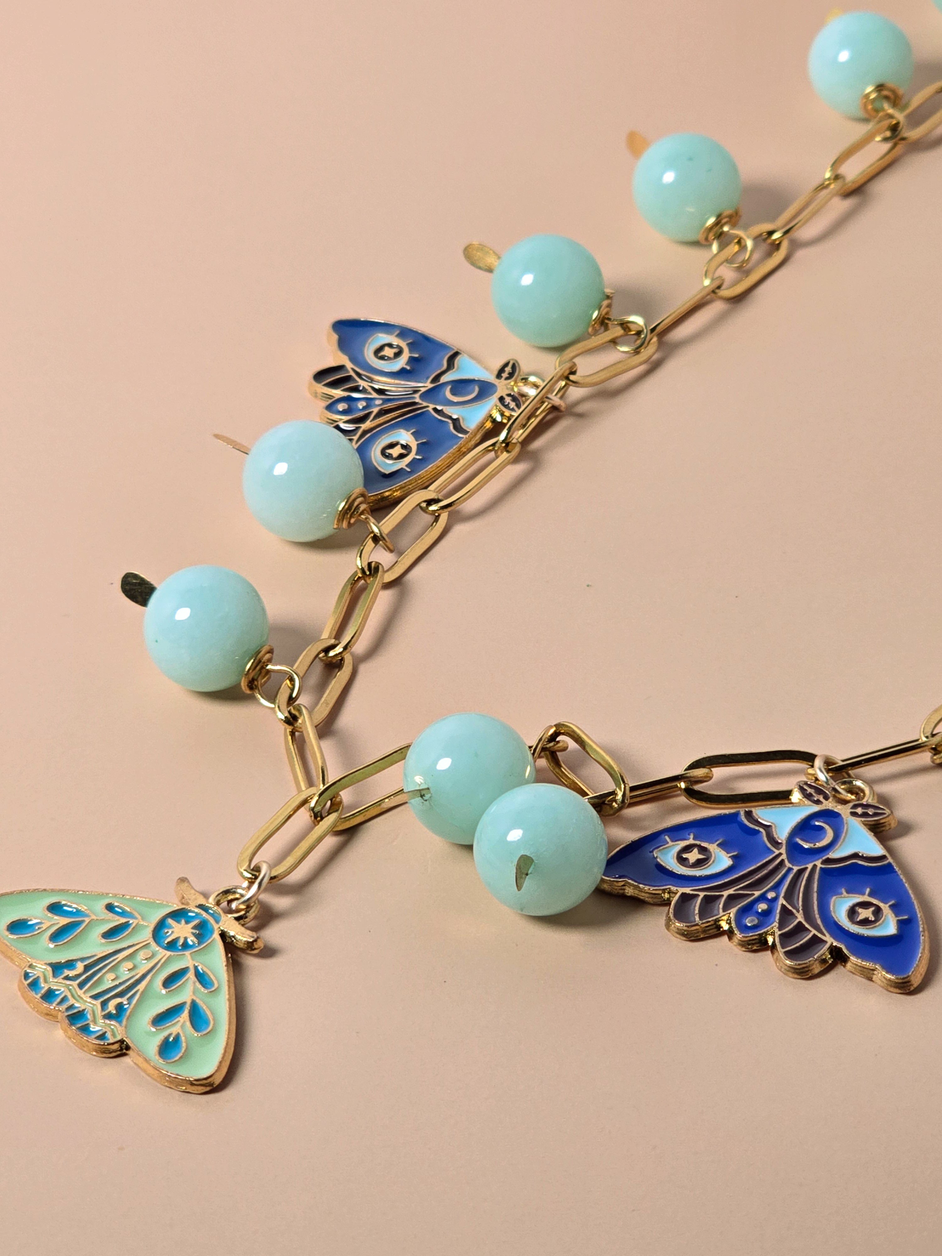 Blue Amazonite and Moth Charm Necklace