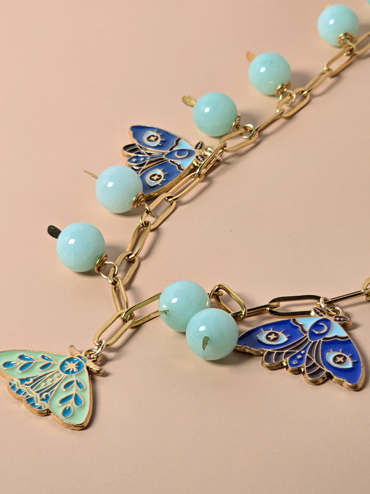 Blue Amazonite and Moth Charm Necklace