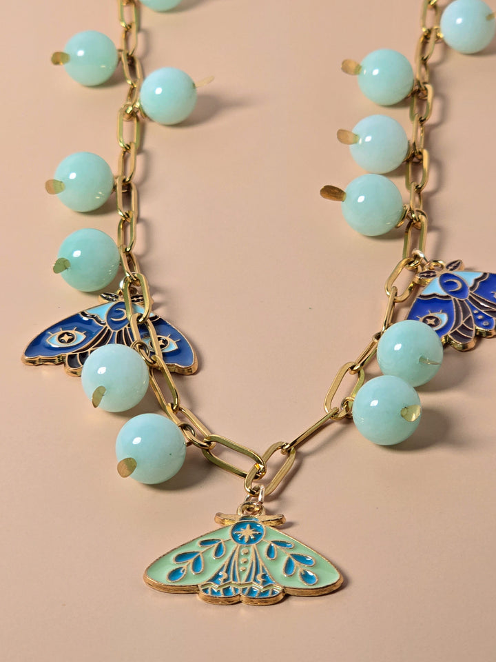 Blue Amazonite and Moth Charm Necklace