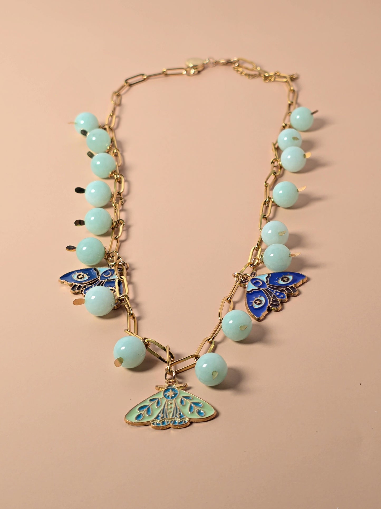 Blue Amazonite and Moth Charm Necklace