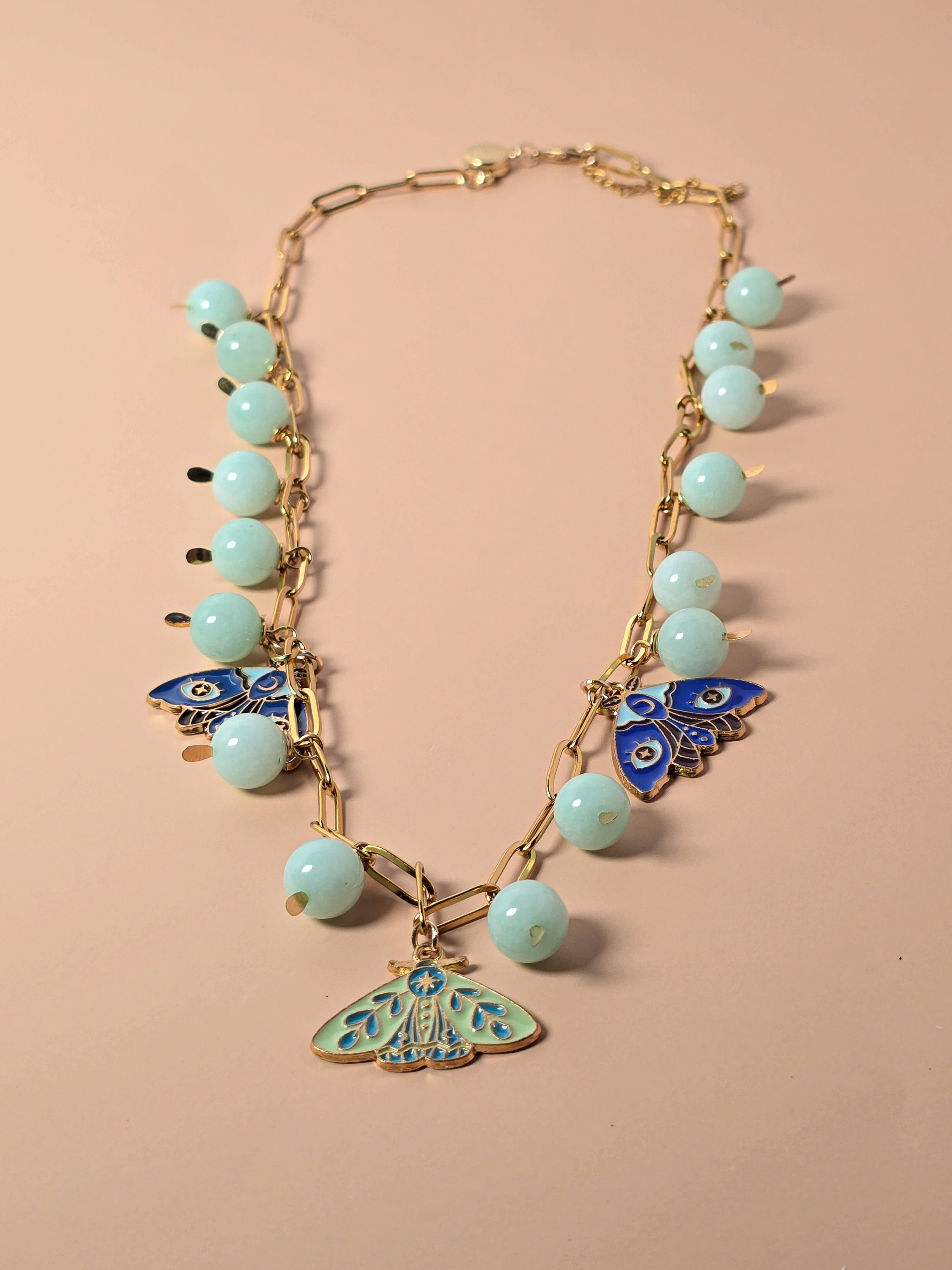 Blue Amazonite and Moth Charm Necklace