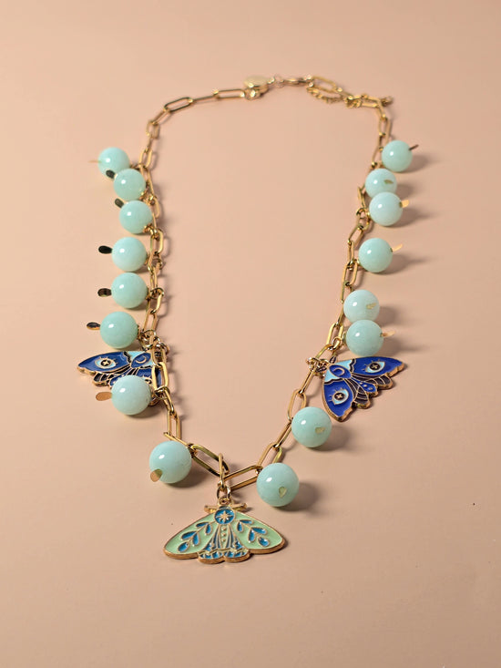 Blue Amazonite and Moth Charm Necklace