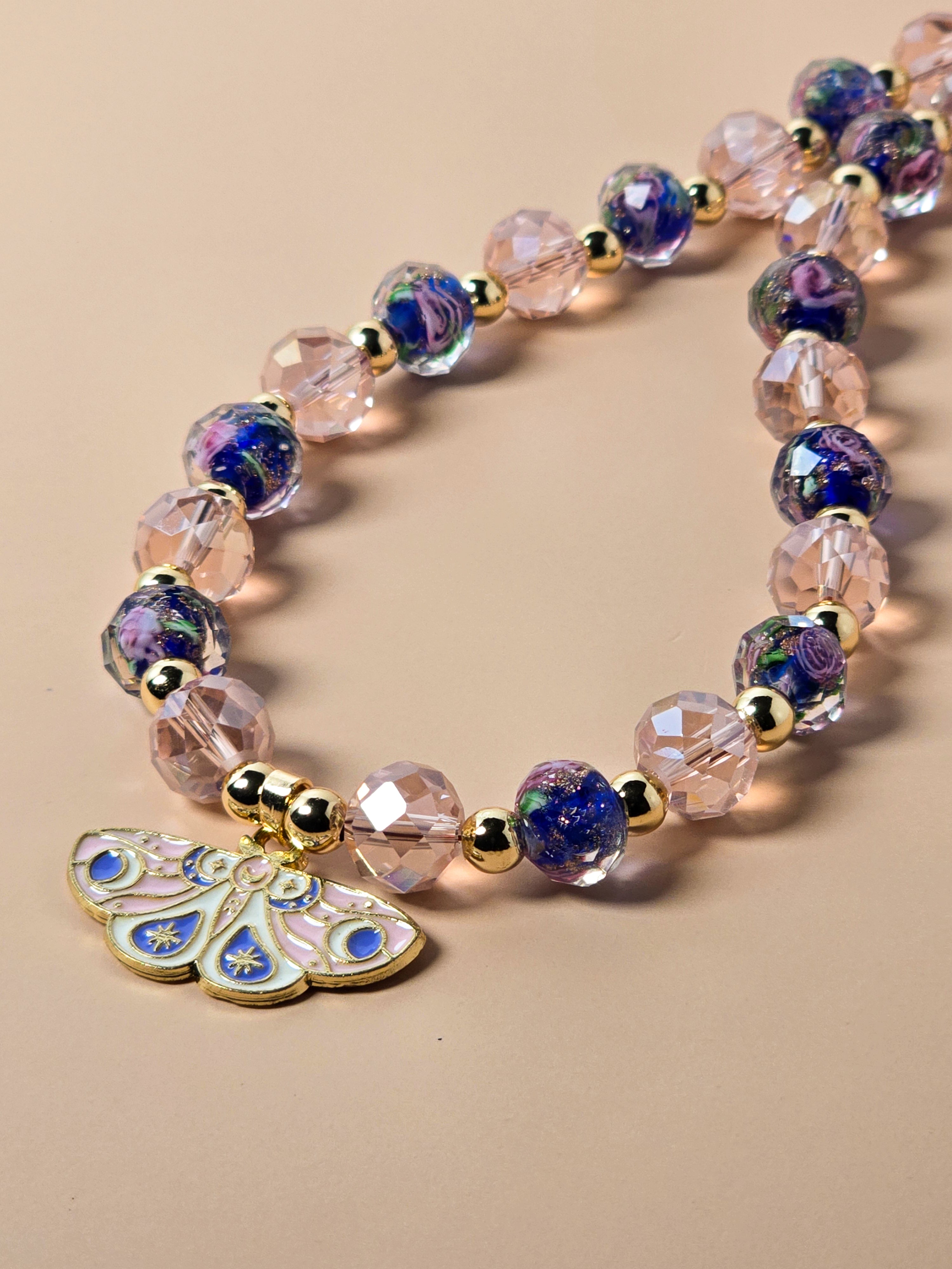 Blue Crystal and Gold Beaded Necklace