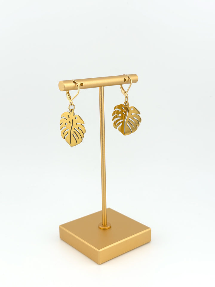 Gold Steel Monstera Earrings