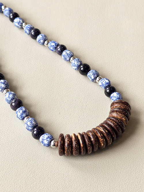 Blue and White Ghana Glass Beaded Necklace