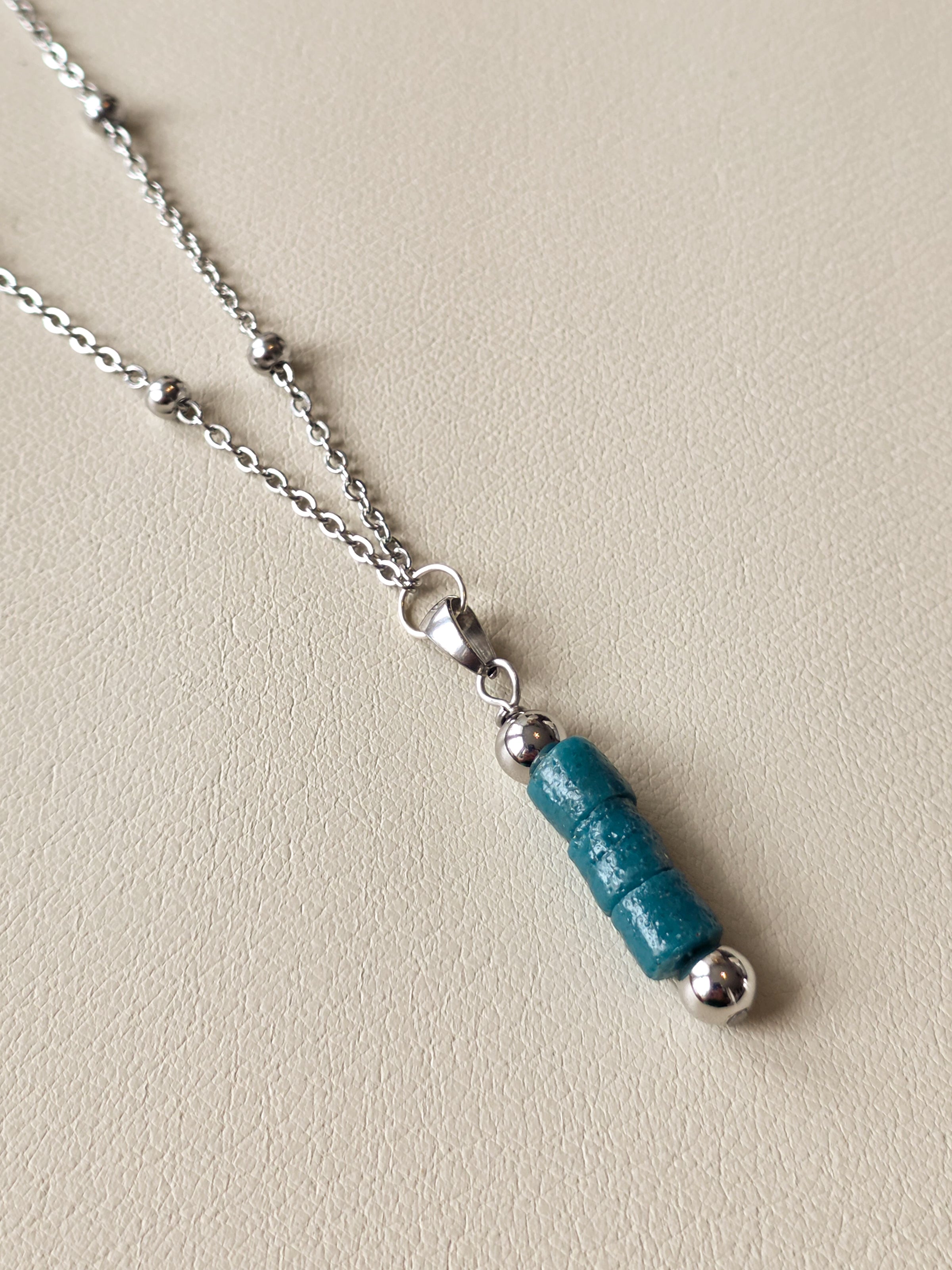 Teal Ghana Bead Drop Pendant Necklace