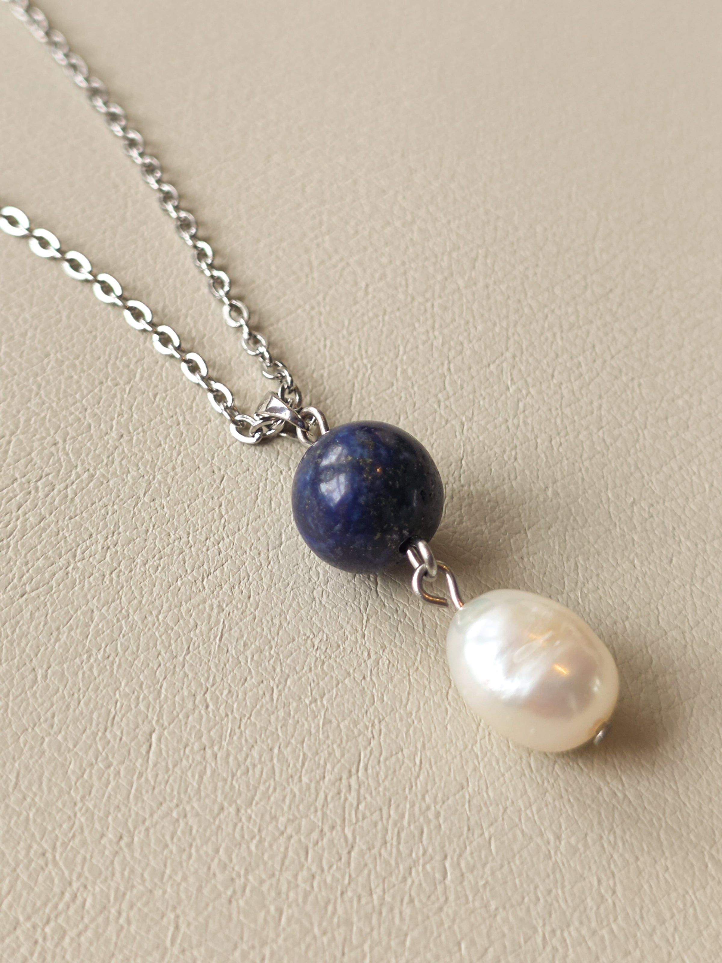 Lapis and Pearl Silver Pendant Necklace