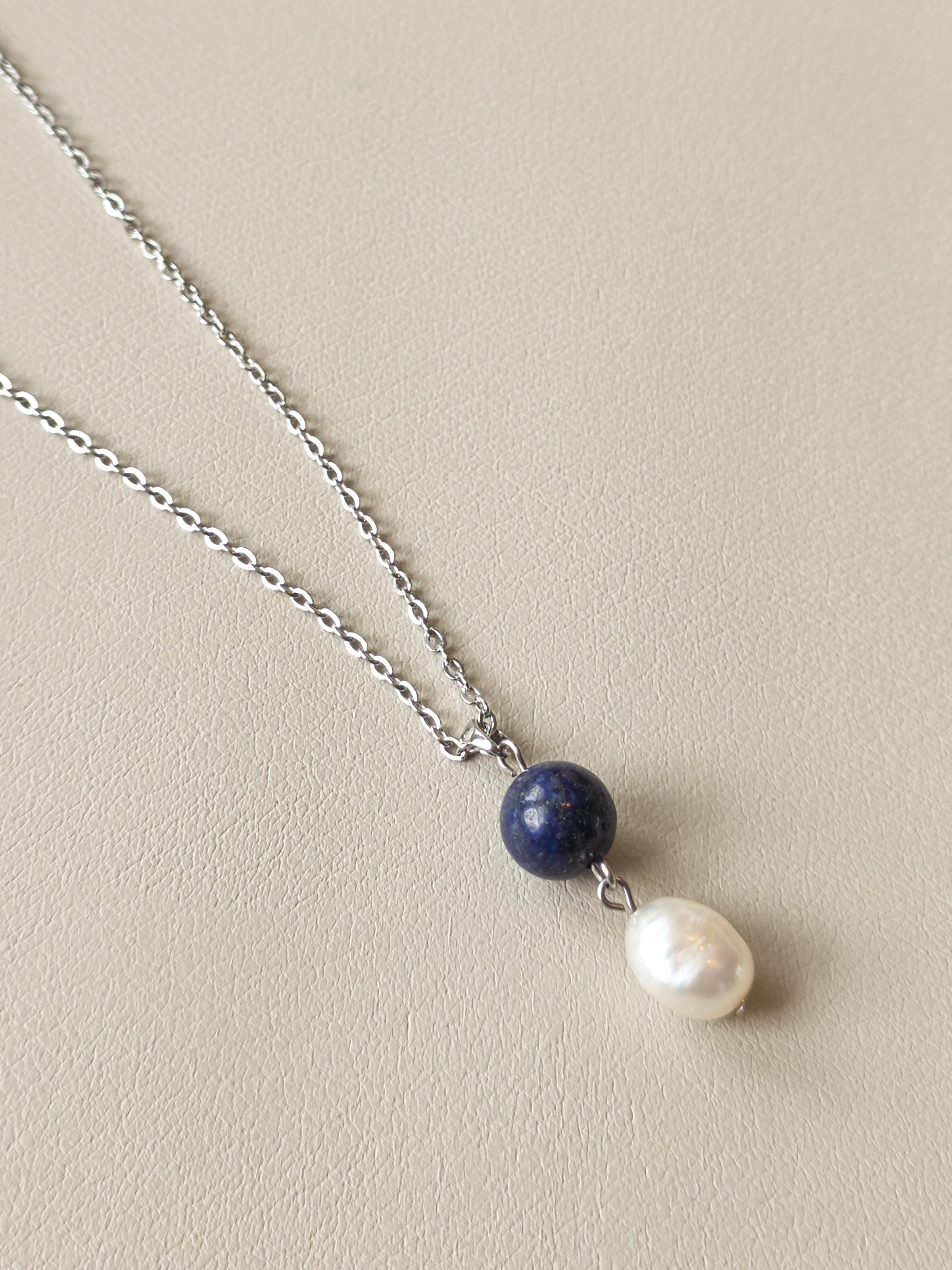 Lapis and Pearl Silver Pendant Necklace