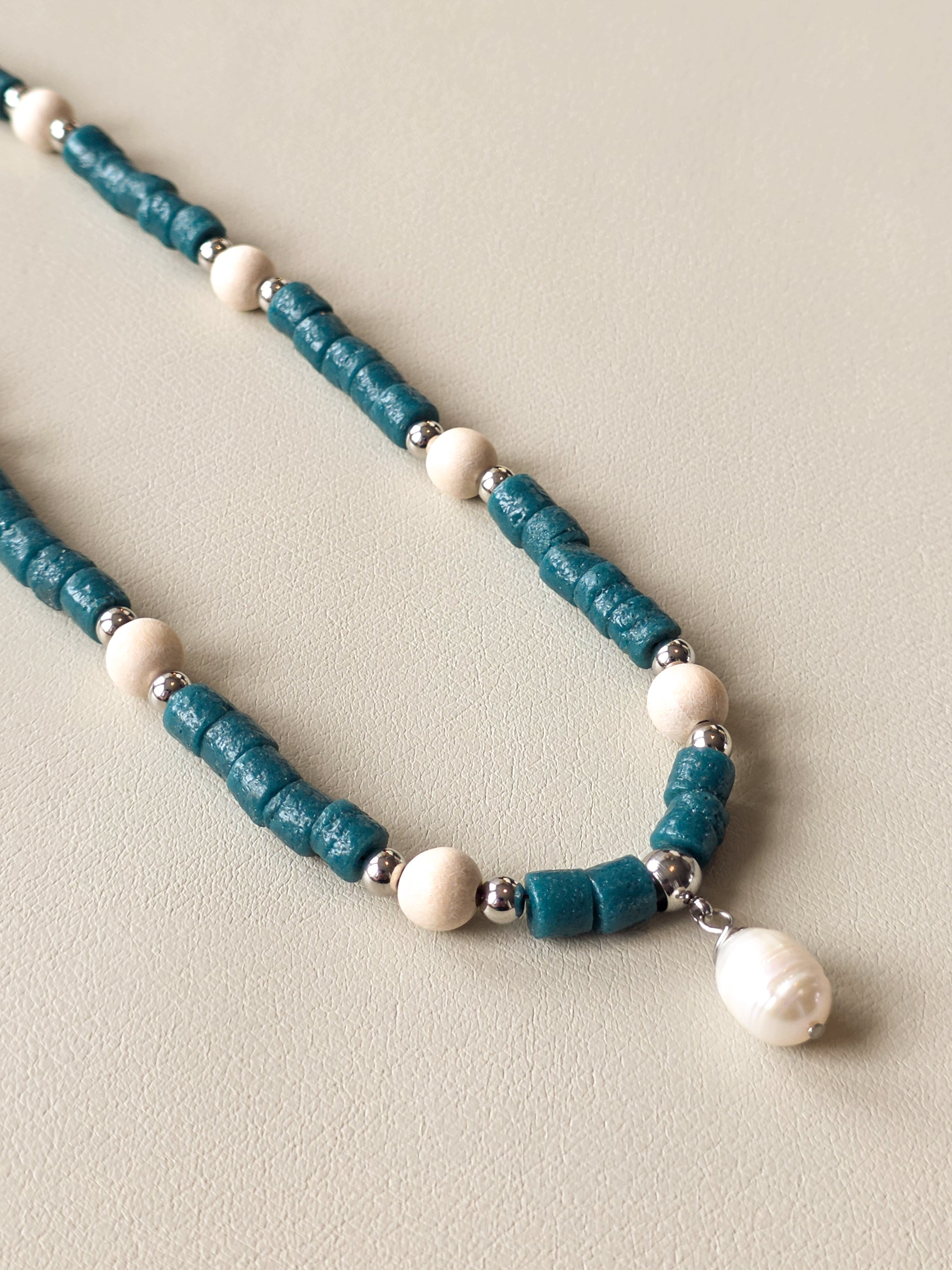 Teal Ghana Glass and Silver Necklace