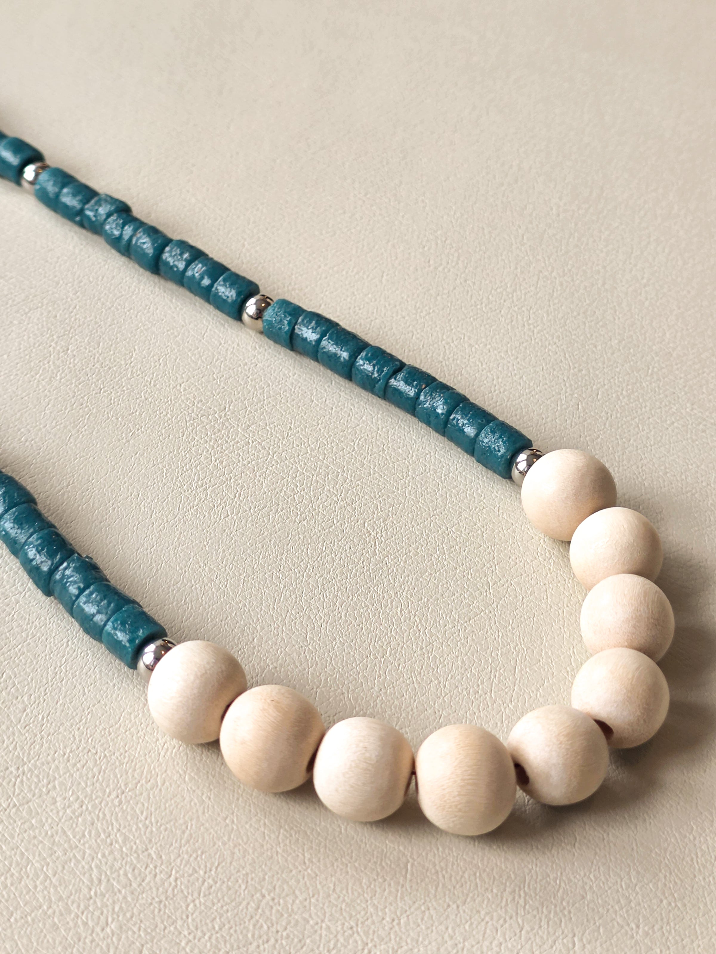 Teal Ghana Glass and Wood Necklace