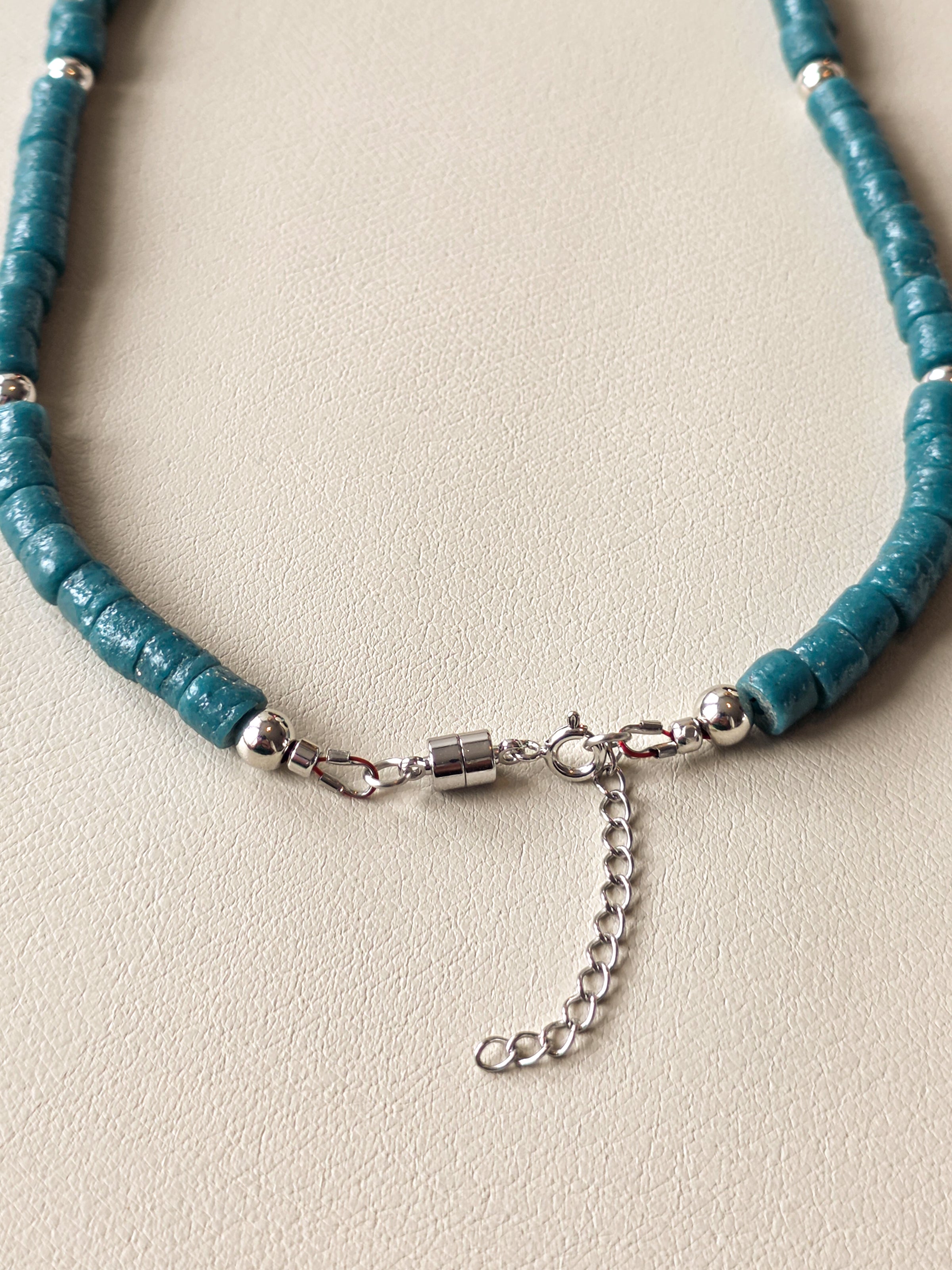 Teal Ghana Glass and Wood Necklace