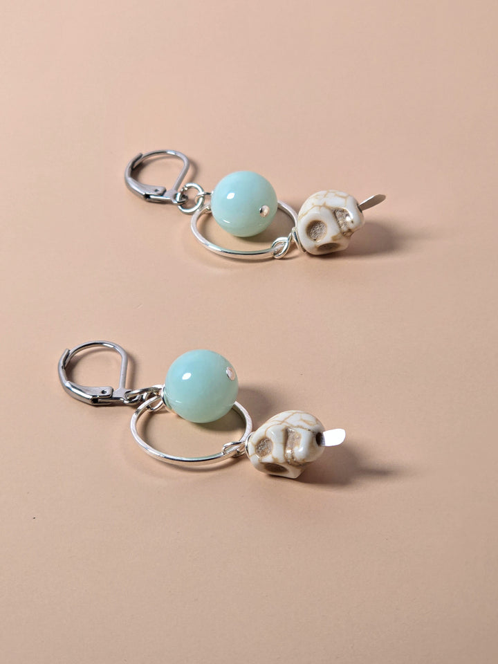 Blue Amazonite and Howlite Skull Dangle Earrings