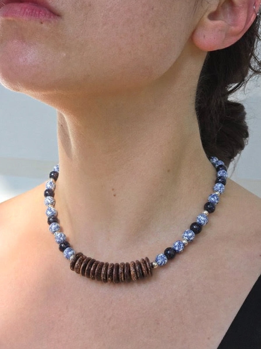 Blue Patterned Ghana Glass and Coconut Wood Necklace