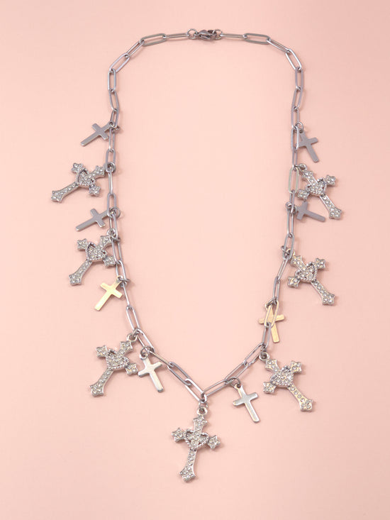 Cross Cascade Silver Necklace