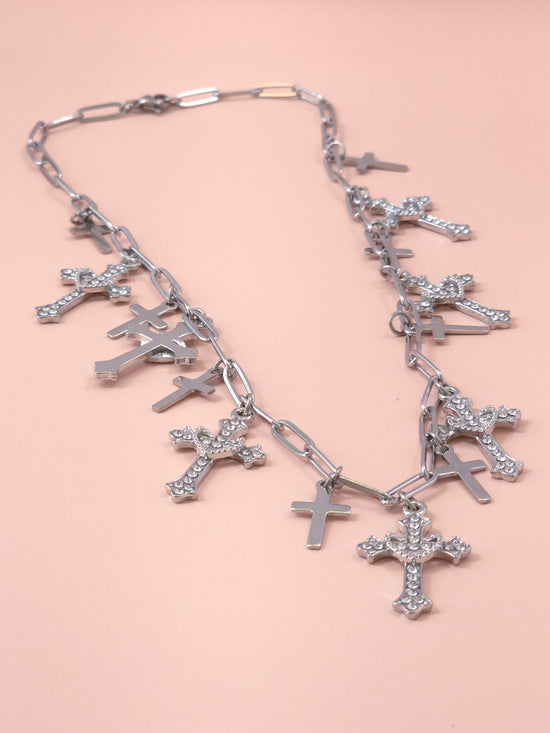 Cross Cascade Silver Necklace